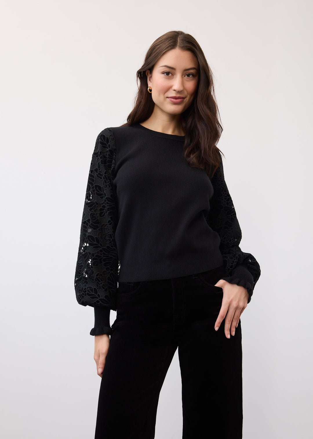 FDJ Long Sleeve Crewneck Sweater w/ Velvet Cut Out Sleeve 10015203-BLK Black