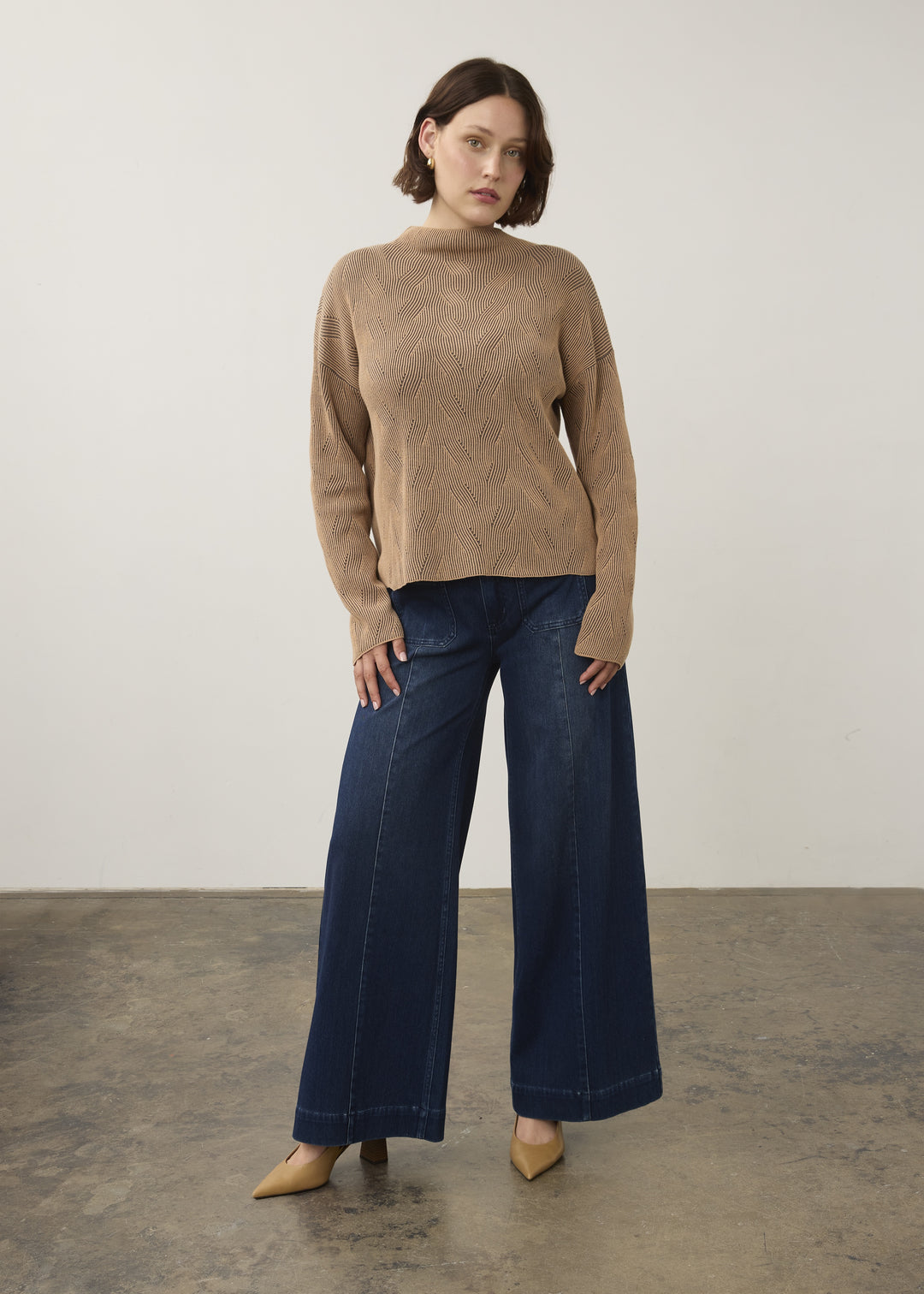 FDJ Long Sleeve Funnel Neck Sweater 1048314-STGRY Tan/Stone Grey