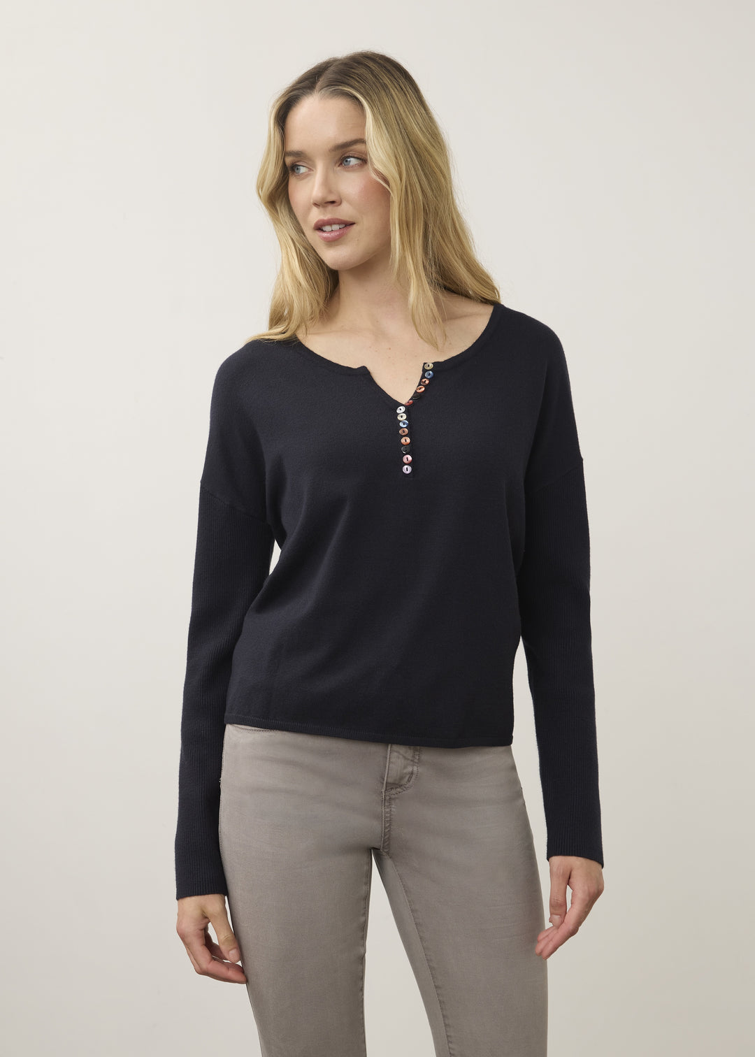 FDJ Notch Neck Rib Sleeve Sweater 1056212-BLB Blueberry