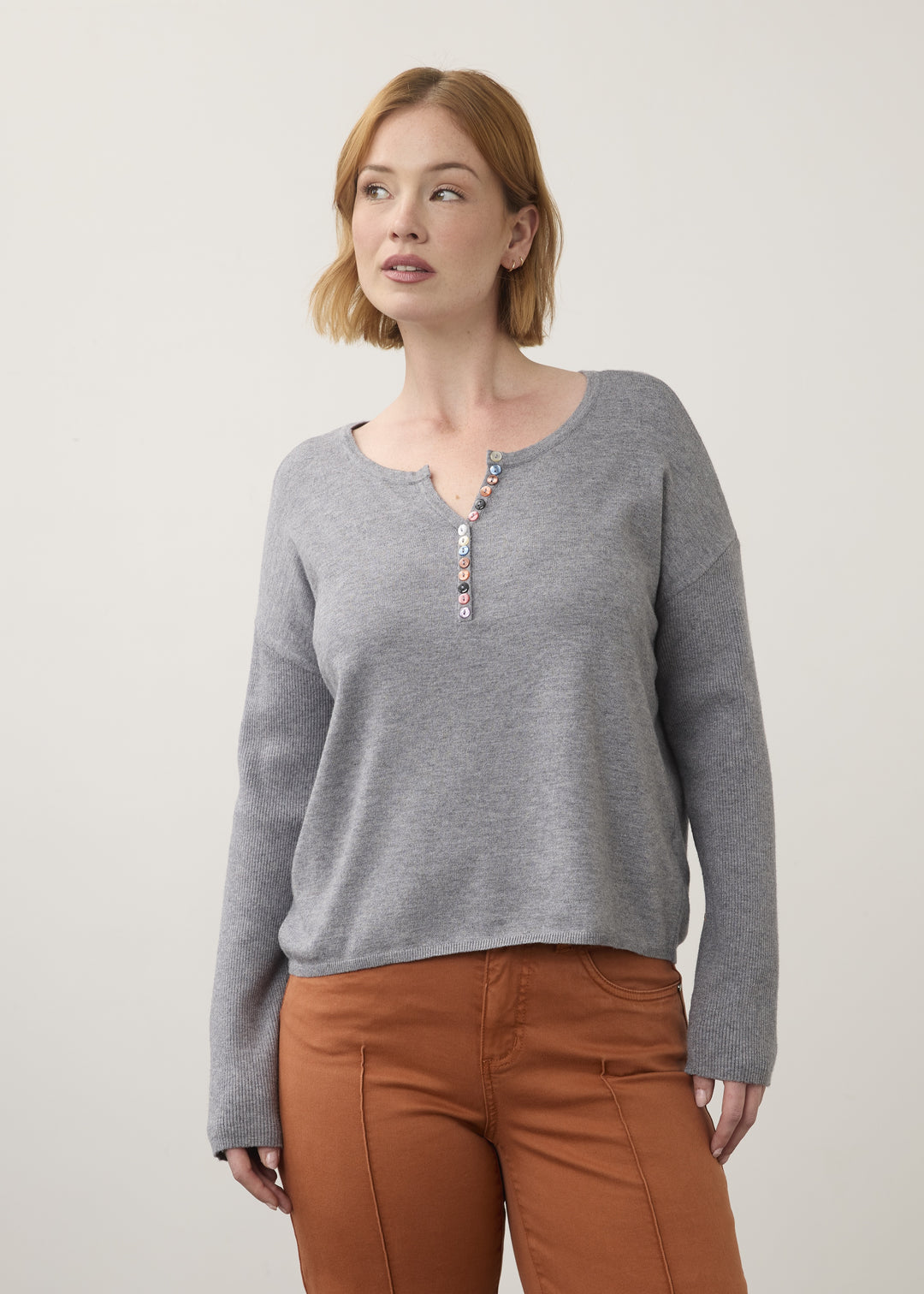 FDJ Notch Neck Rib Sleeve Sweater 1056212-STRM Storm Cloud