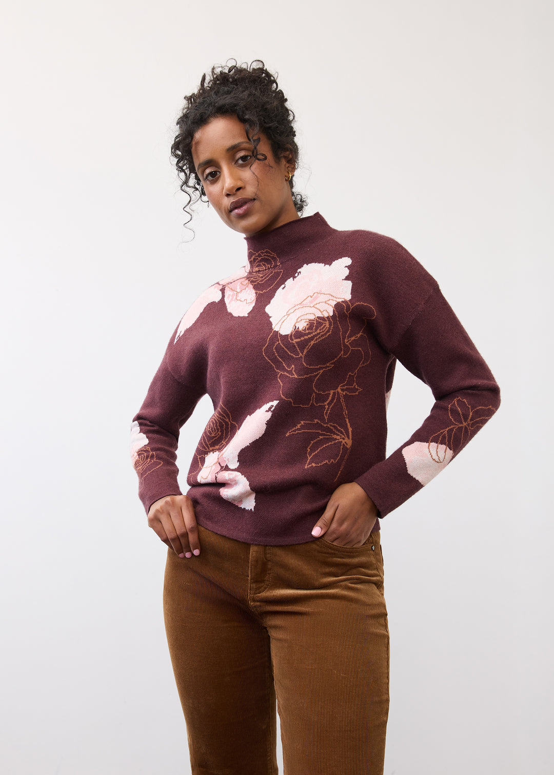 FDJ Long Sleeve Mockneck Sweater w/ Floral Print 11109147-FIG Rose Fig