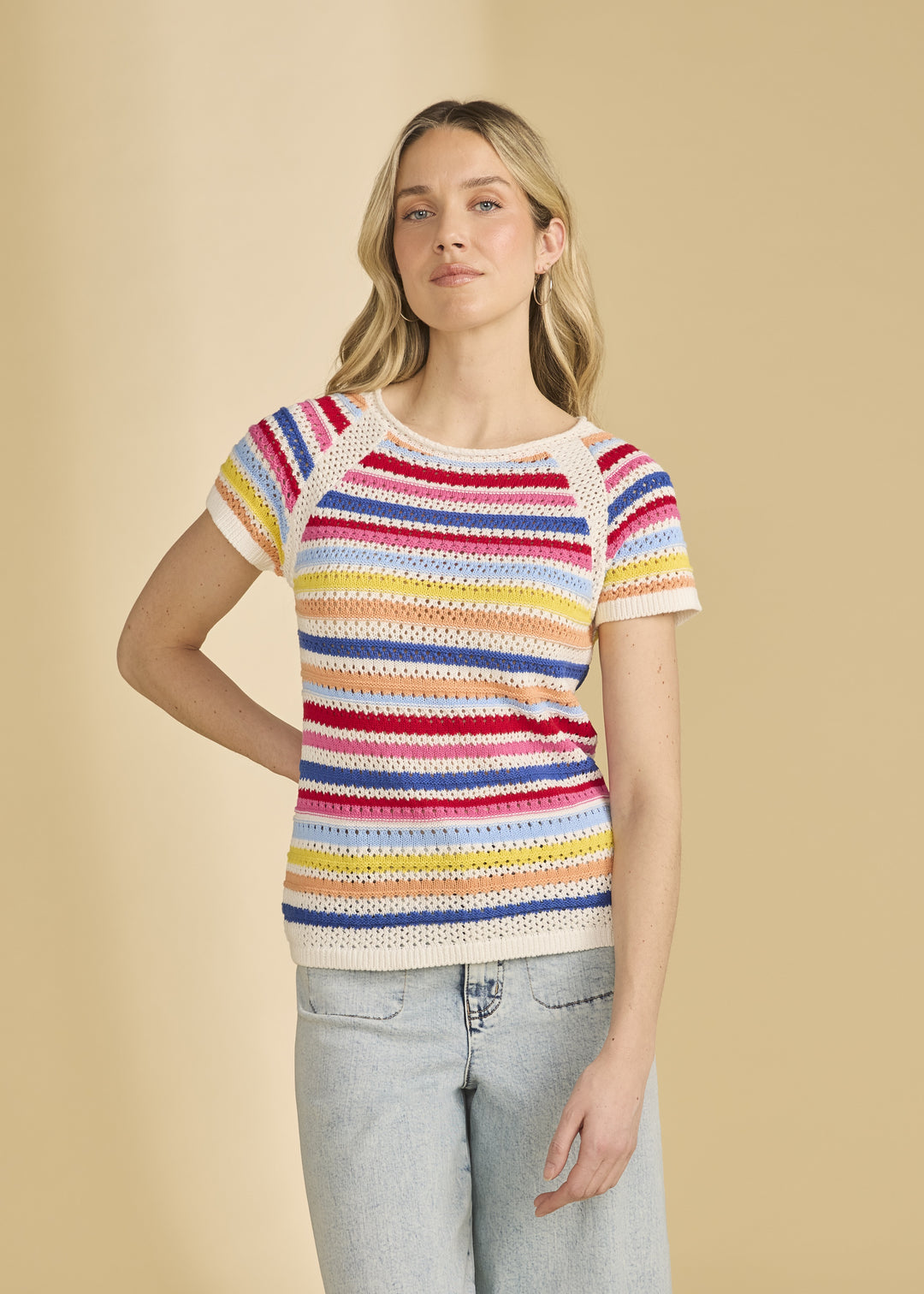 FDJ Cap Sleeve Striped Crochet Sweater 1119314-MULTI