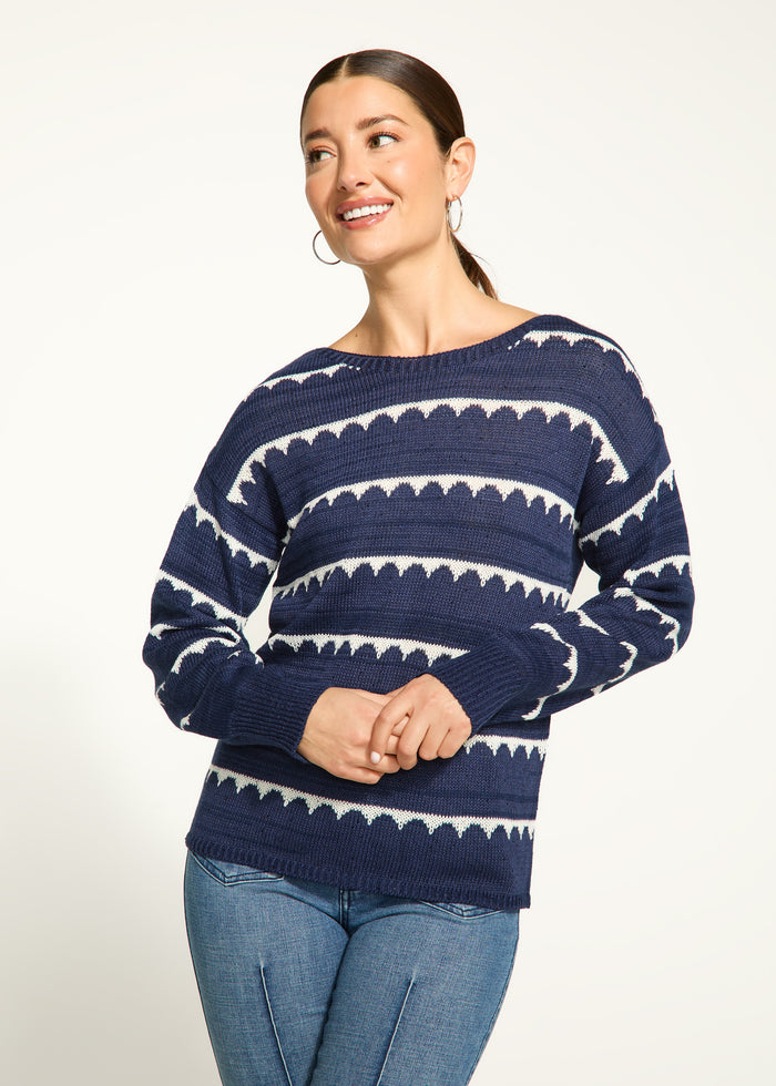 FDJ Boat Neck Scallop Stripe Sweater 1160932-WHTNV White/Navy