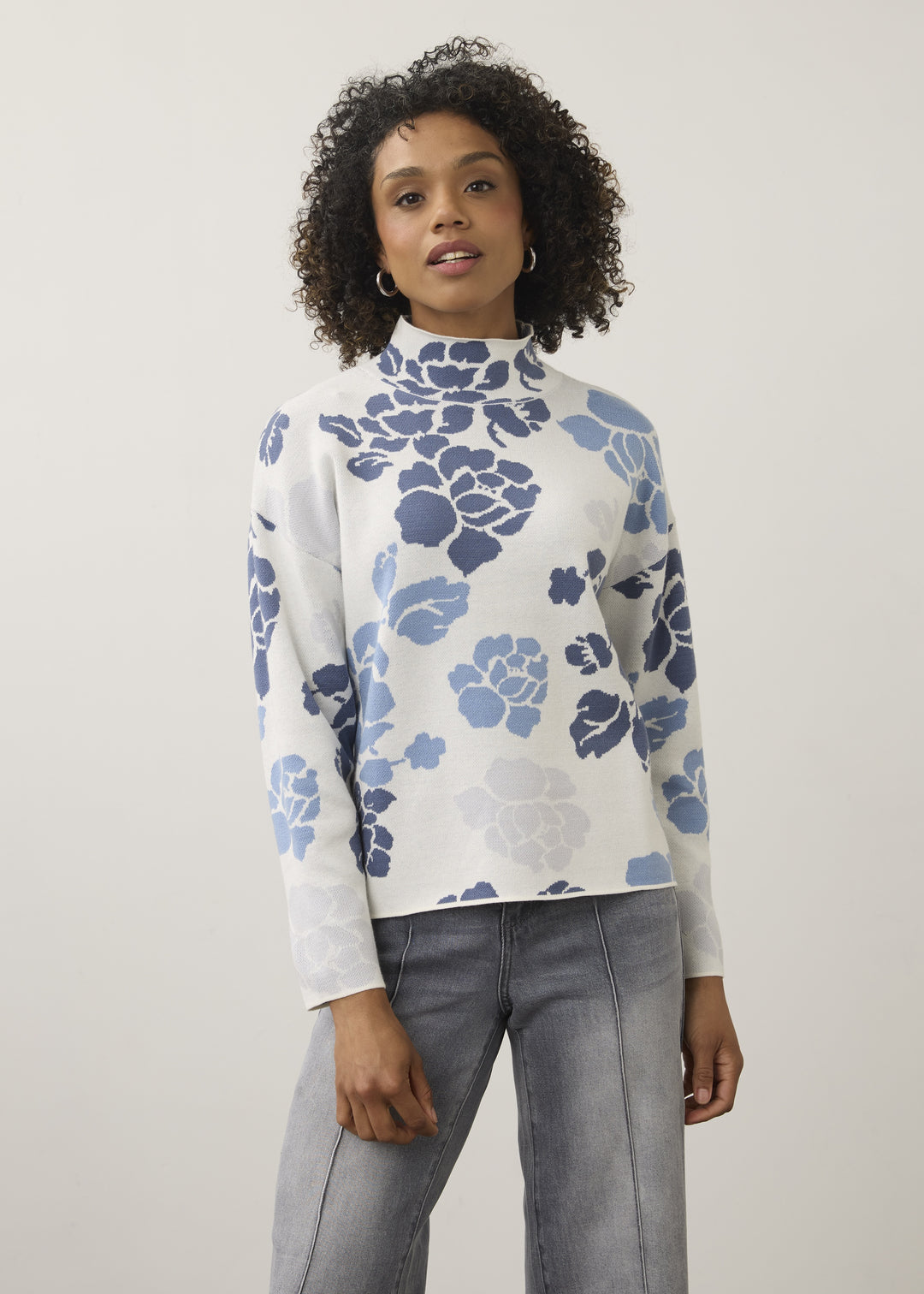 FDJ Mock Neck Loose Fit Sweater 1301535-INFLR Indigo Floral