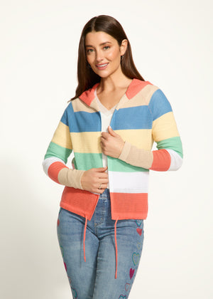 FDJ Striped Pointelle Hooded Cardigan 1631314-PAR Parasol Stripe