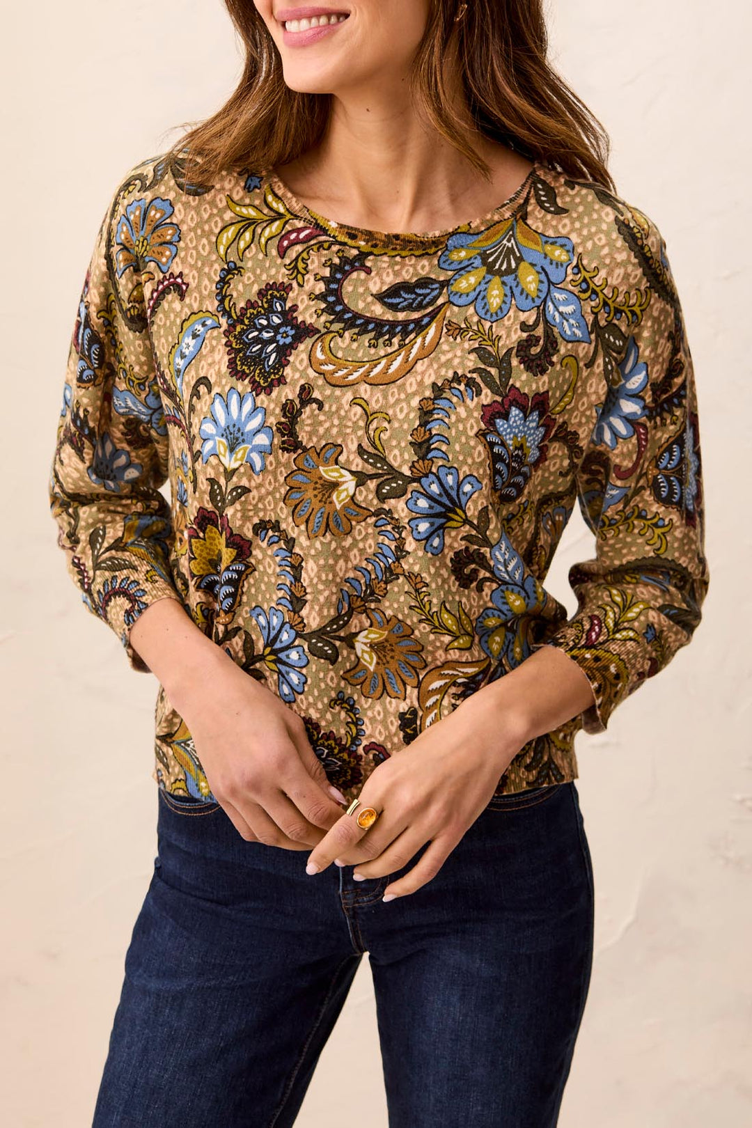 Tribal 3/4 Sleeve Crew Neck Sweater 2175O-8169-0849 Aloe