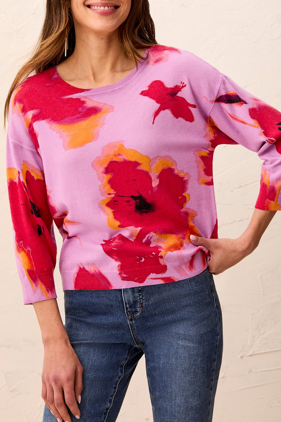 Tribal 3/4 Sleeve Crew Neck Sweater 2175O-8169-1651 Pansy