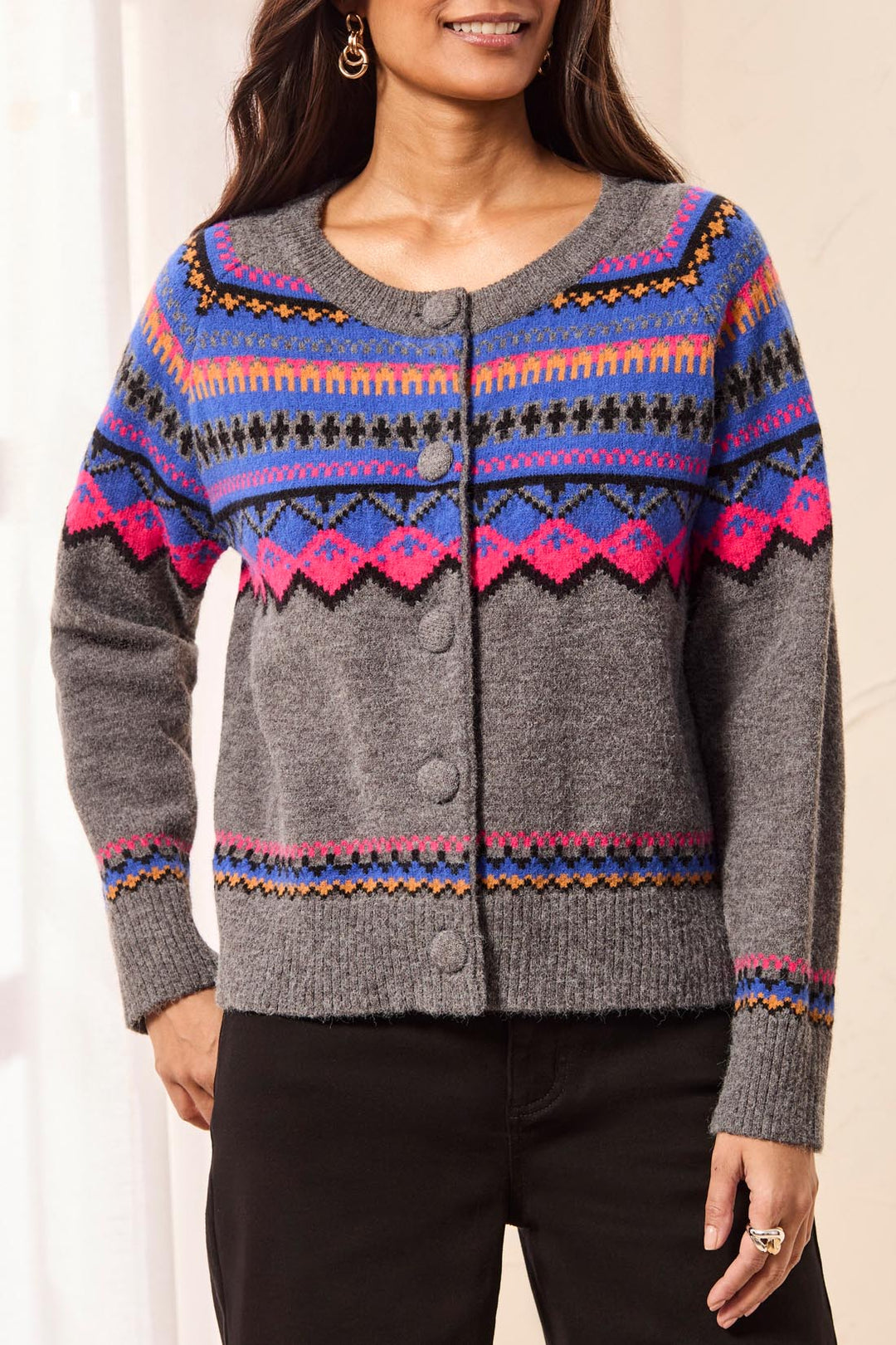 Tribal Button Front Cardigan Sweater 2312O-3814-0097 Charcoal