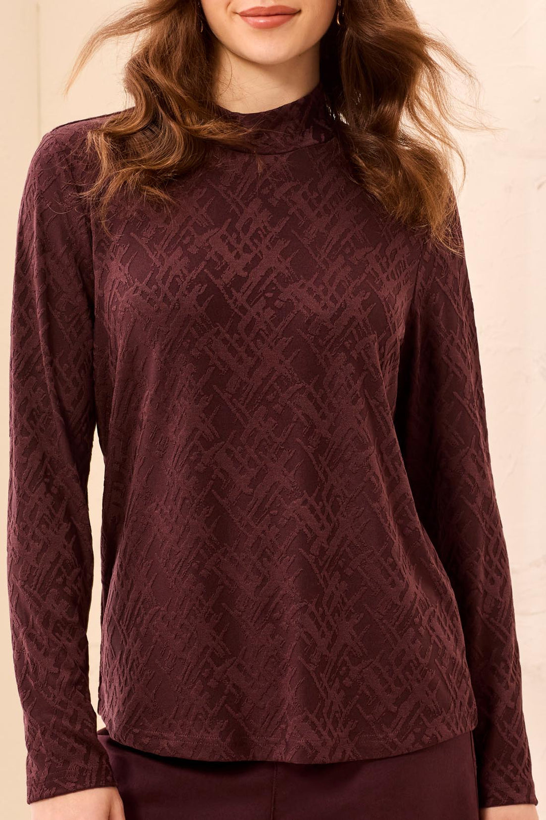 Tribal Long Sleeve Mock Neck Top 2360O-8541-0759 Fudge