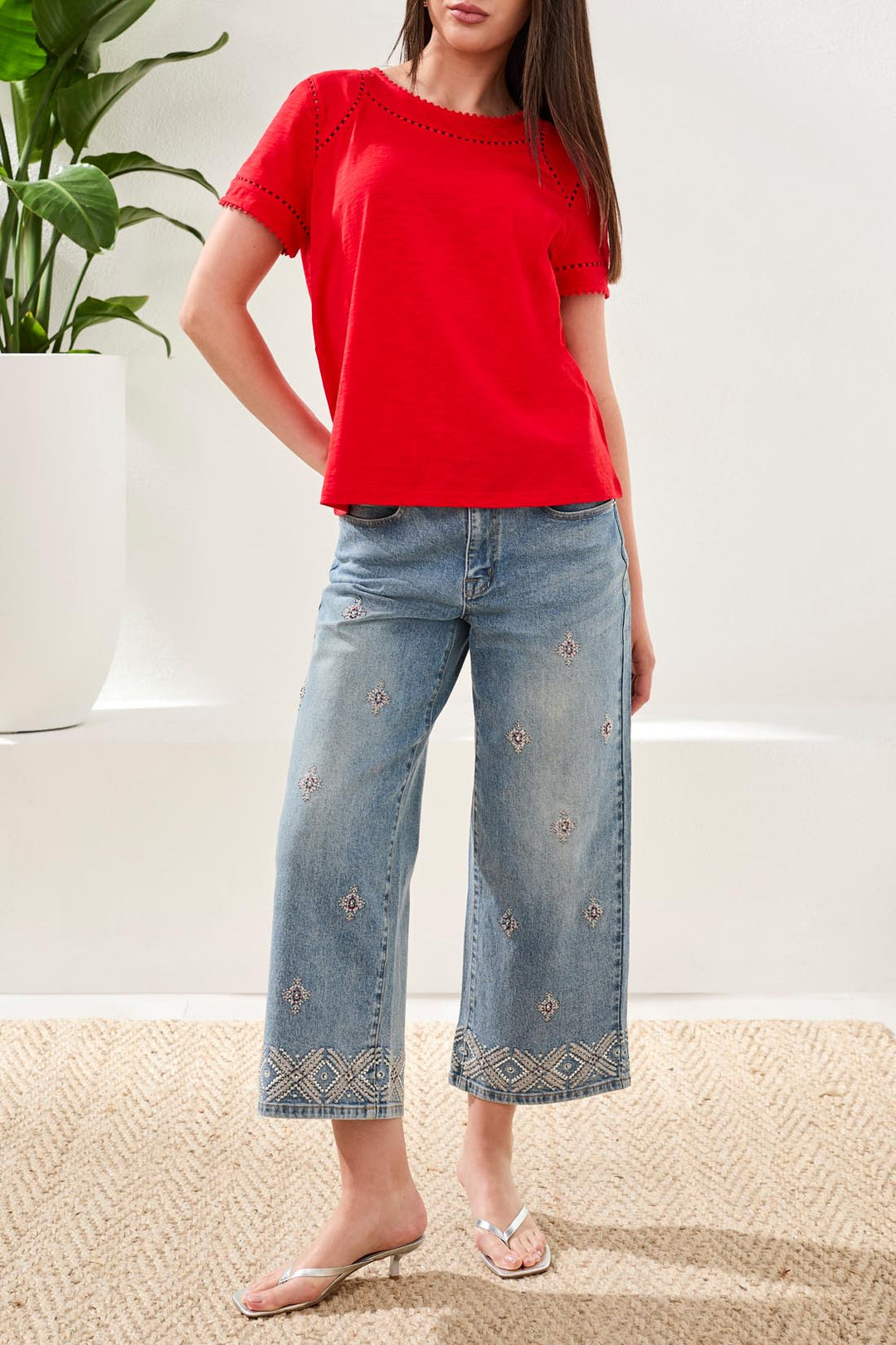 Tribal Short Sleeve Top w/ Dotted Lace Detail 2466O-8168-1221 Sangria