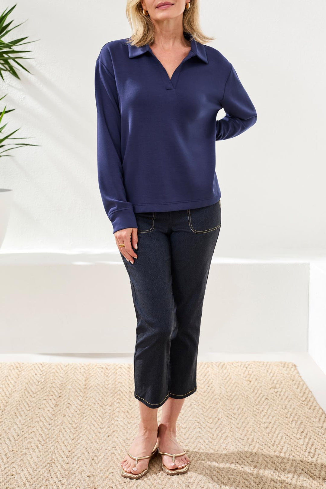 Tribal Techno Lux Johnny Collar Top 2488O-3390-3068 Jet Blue
