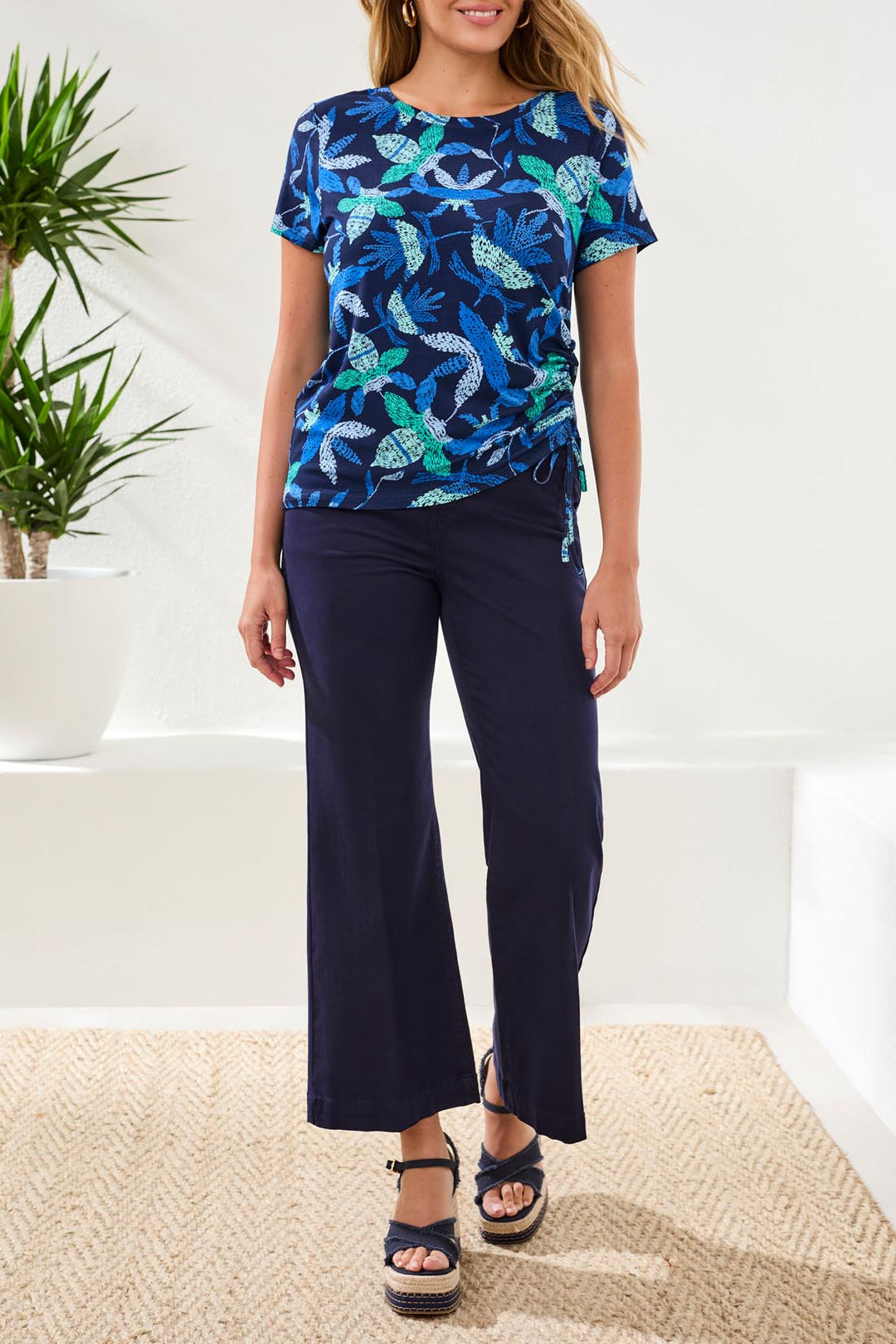 Tribal Short-Sleeve Crew Neck Top w/ Side Ruching 2498O-3457-2773 Blue Surf