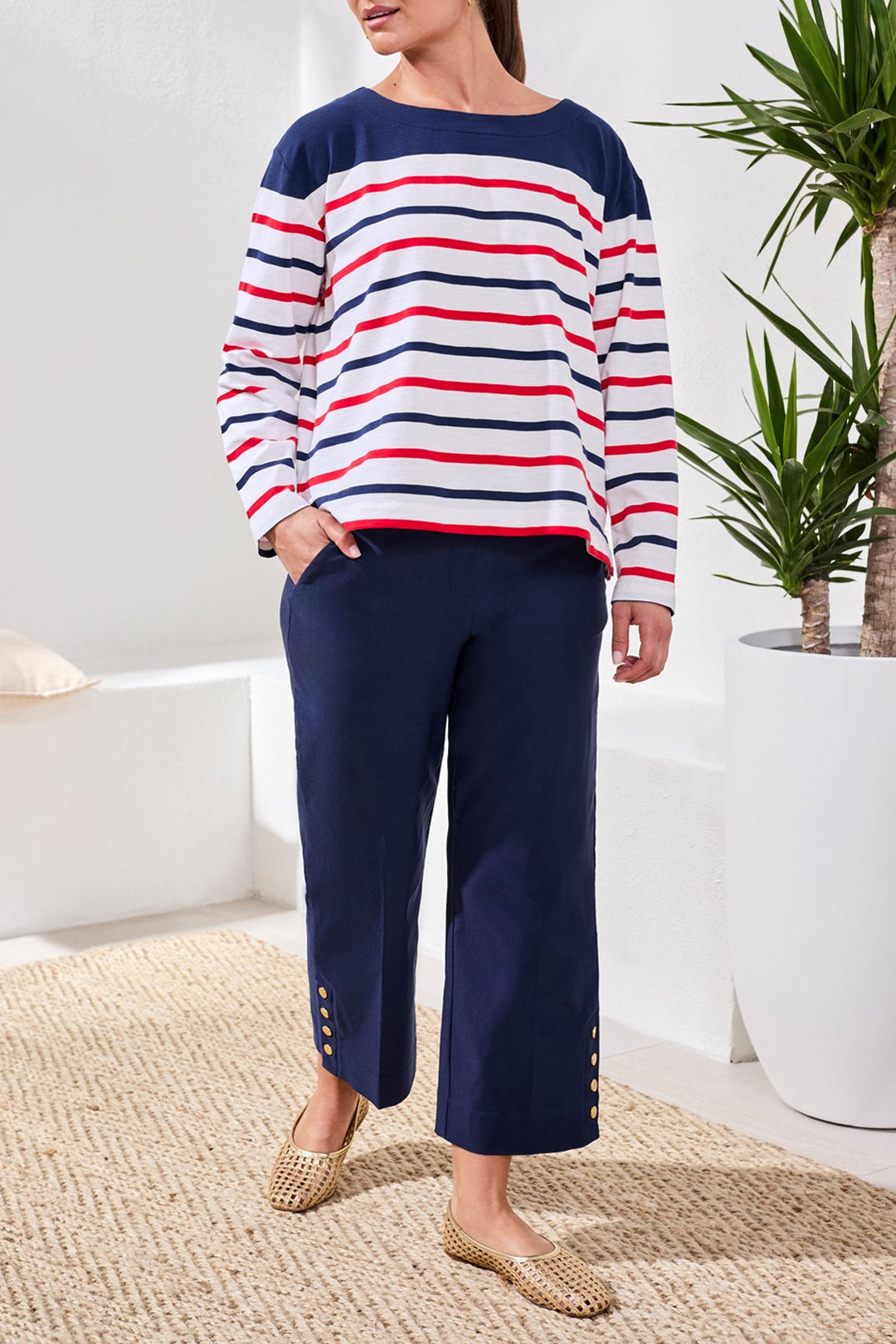 Tribal Long Sleeve Boat Neck Striped Top 3005O-3241-1221 Sangria