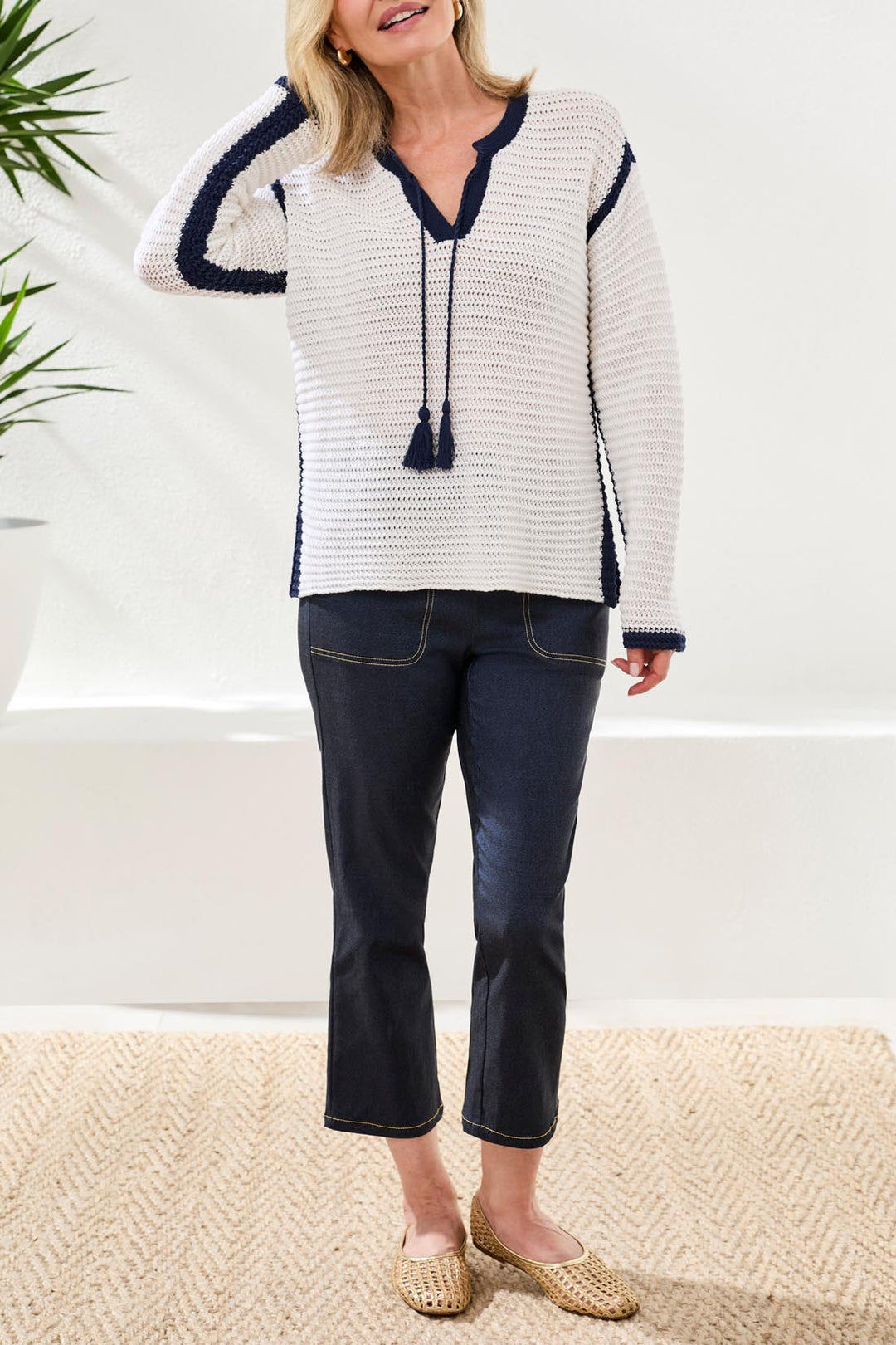 Tribal Long-Sleeve Notch Collar Sweater 3033O-576-0001 White