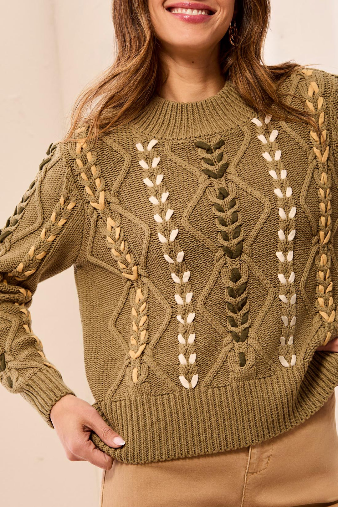 Tribal Mockneck Sweater w/ Cableknit Detail 3129O-3954-0849 Aloe