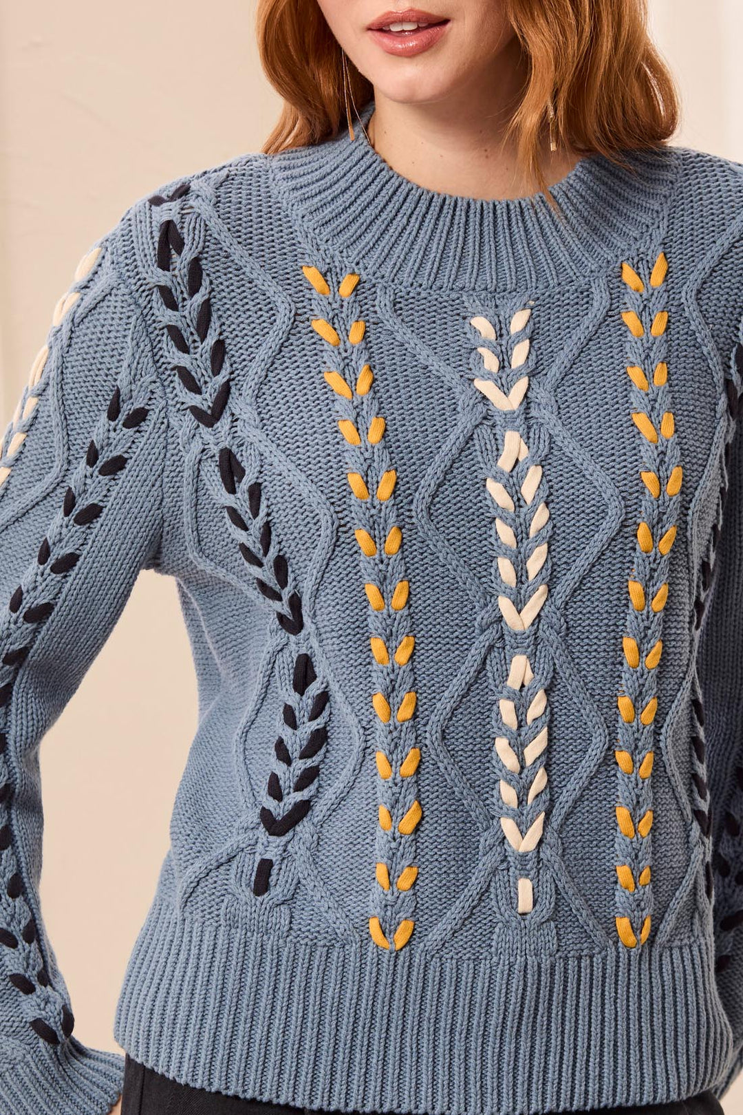 Tribal Mockneck Sweater w/ Cableknit Detail 3129O-3954-1633 Blue Fog