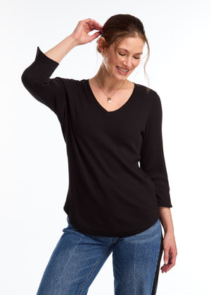 FDJ 3/4 Sleeve V-Neck Top 3140161-BLK Black