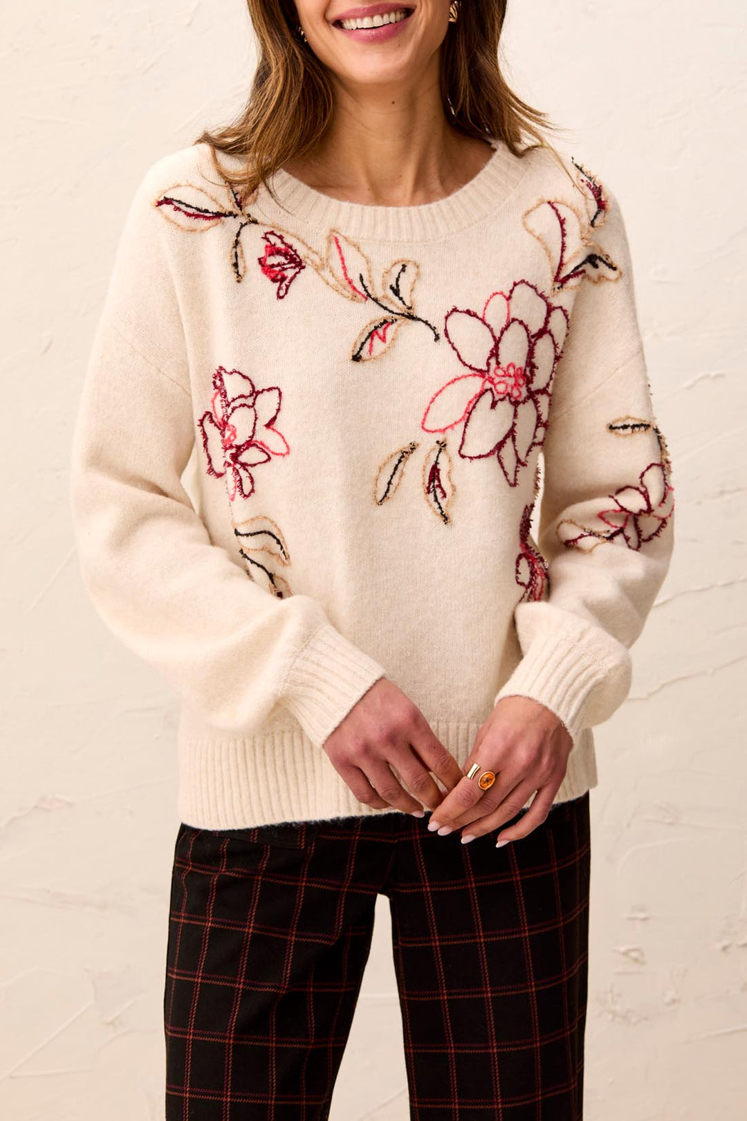 Tribal Crew Neck Sweater w/ Embroidery 3155O-8500-3111 Moon Stone