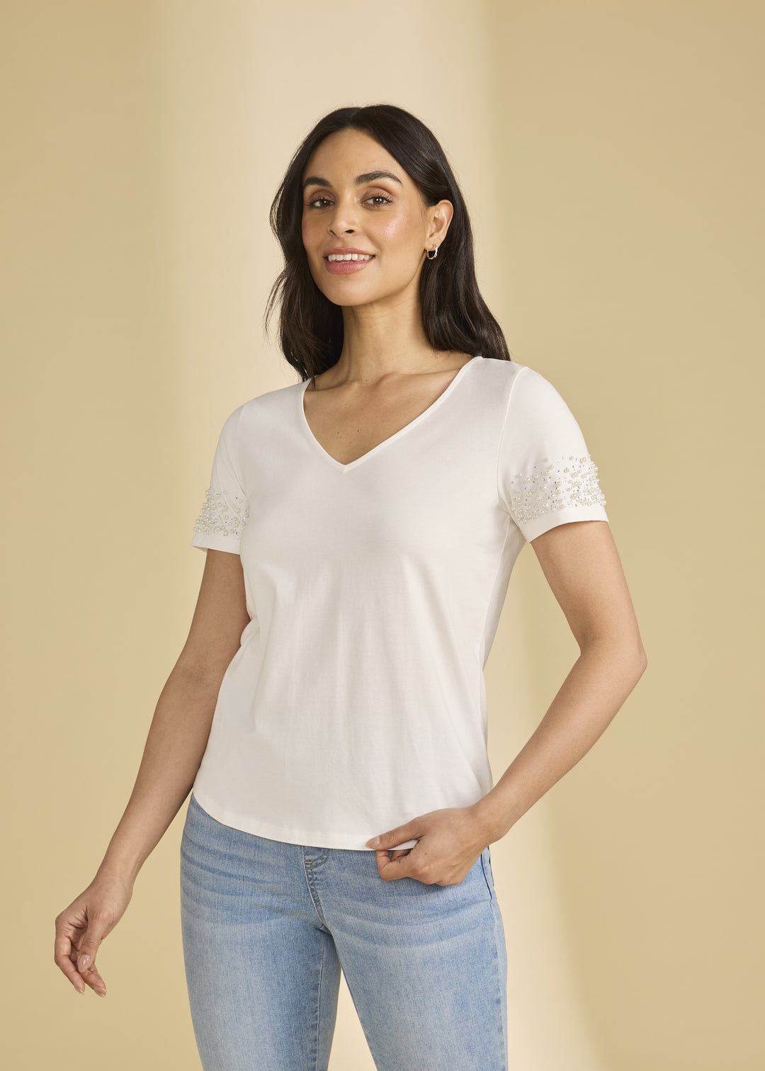 FDJ Pearl Embellished V-Neck Top 3162165-WHT White