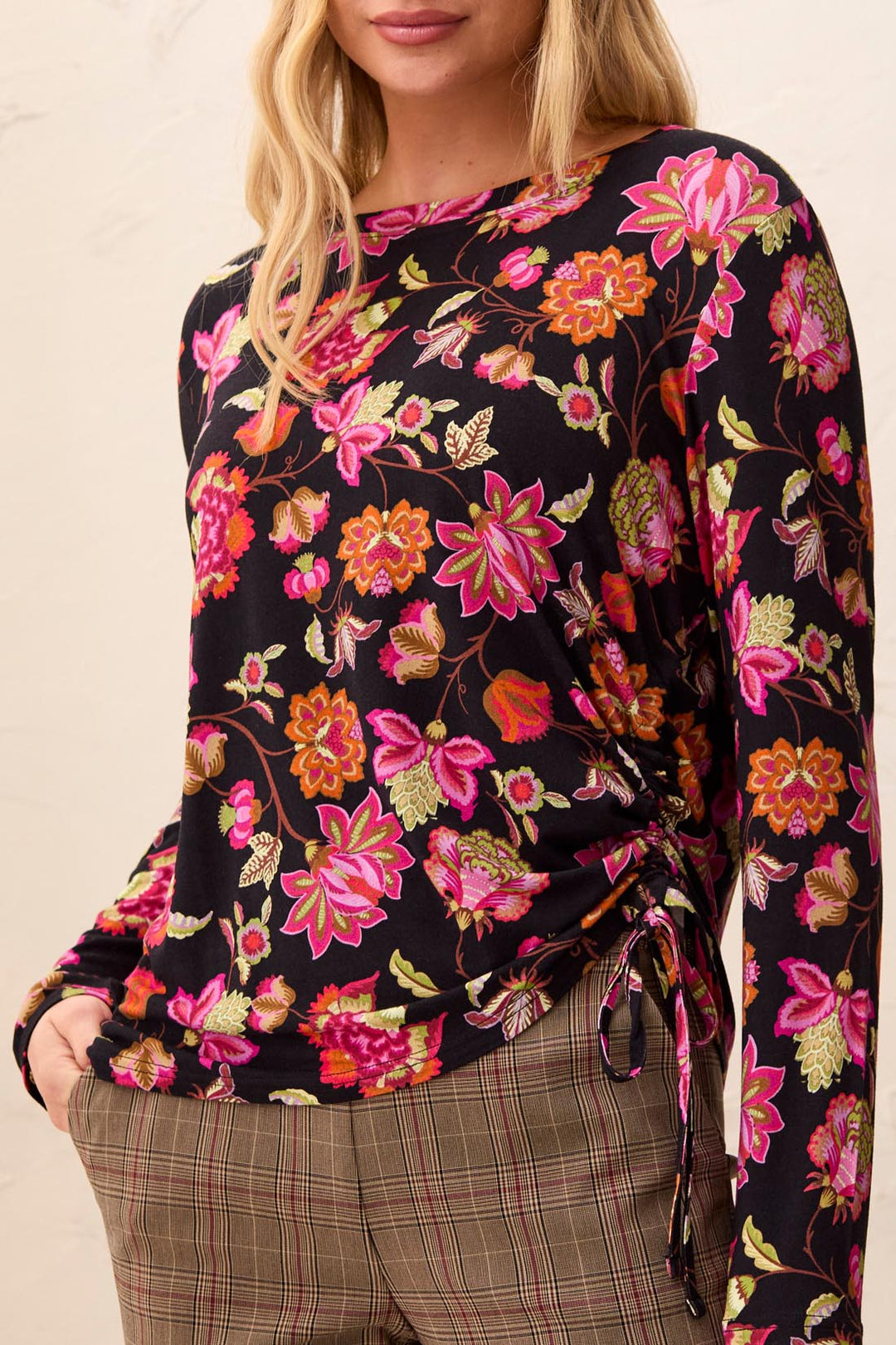 Tribal Crew Neck Top w/ Side Ruching 3168O-3457-0773 Mulberry