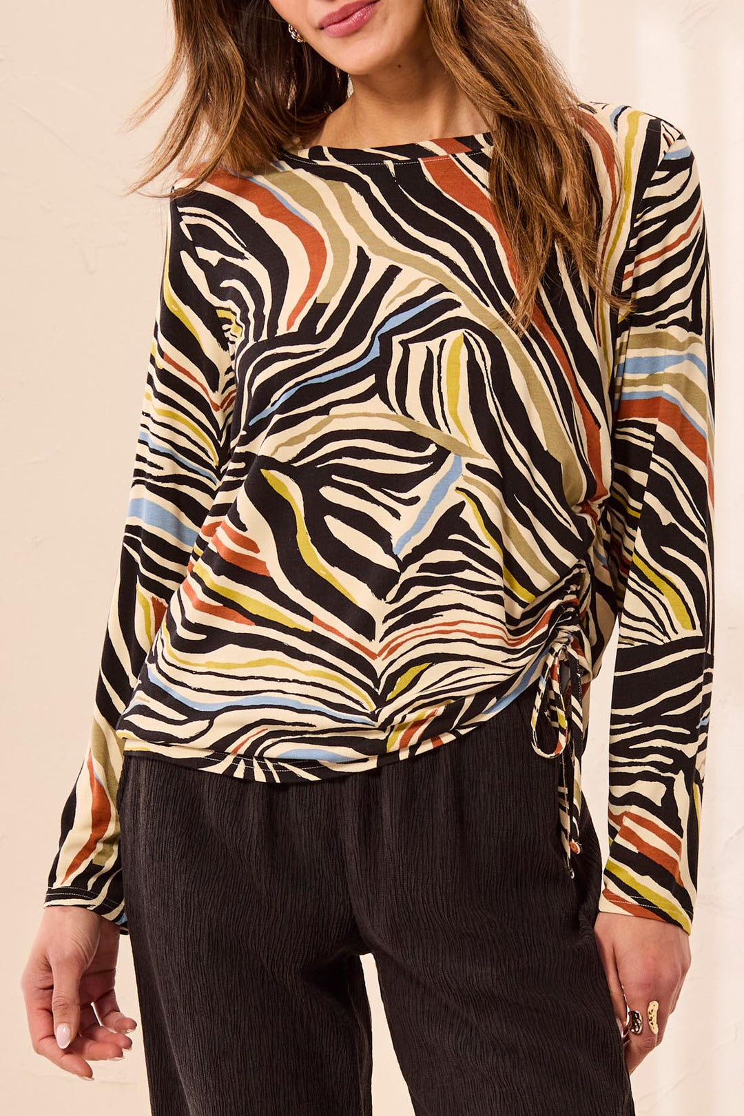 Tribal Long Sleeve Crew Neck Top w/ Side Ruching 3168O-3457-0849 Aloe
