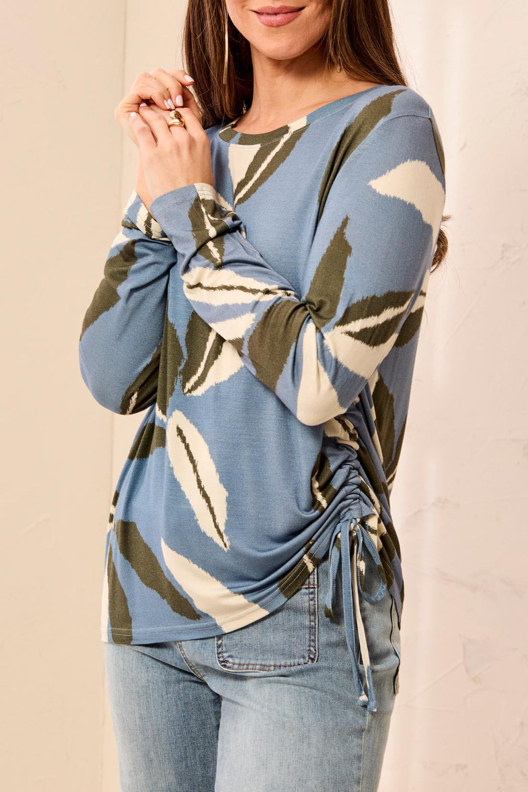 Tribal Crew Neck Top w/ Side Ruching 3168O-3457-1633 Blue Fog