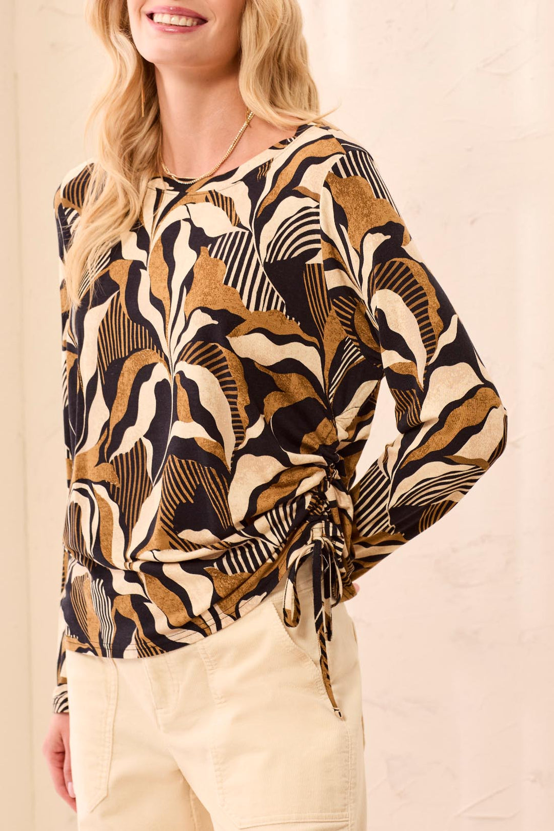 Tribal Crew Neck Top w/ Side Ruching 3168O-3457-3390 Dull Gold