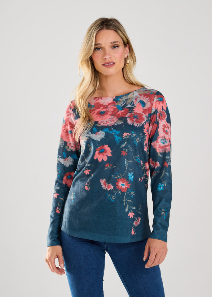 FDJ Long Sleeve Boat Neck Burnout Top 3182451-PRT Phoebe Floral