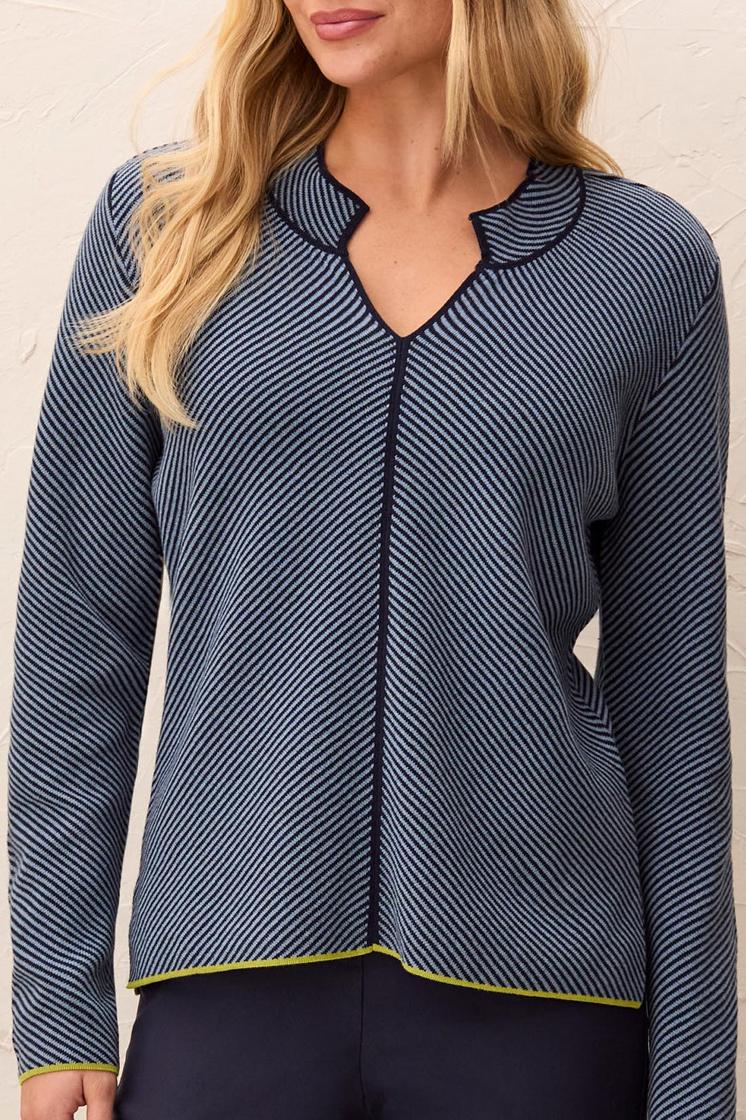 Tribal Split-Neck Sweater w/ Tipping 3184O-576-1633 Blue Fog