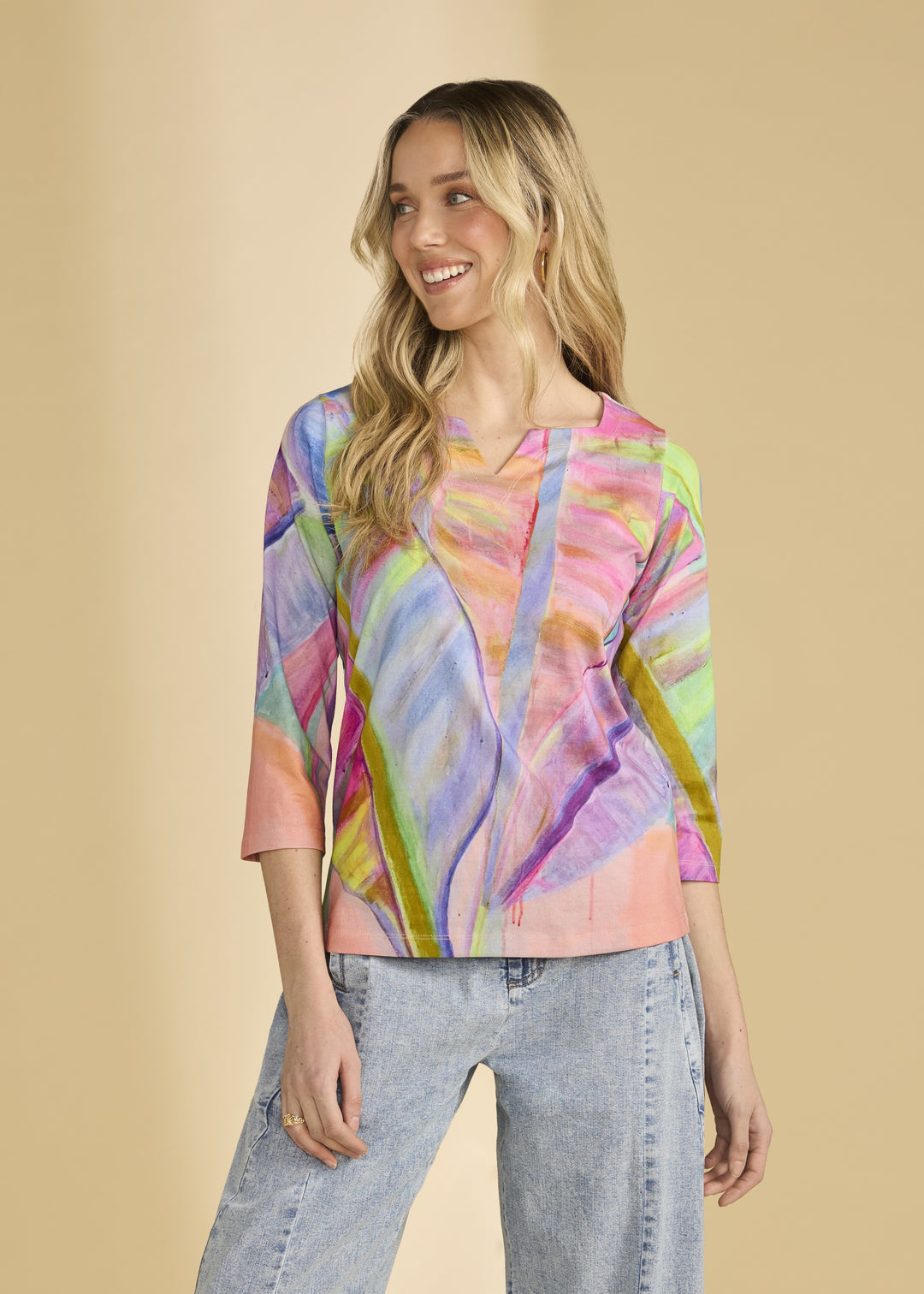FDJ 3/4 Notch Neck Top 3198197-PRT Neon Palm