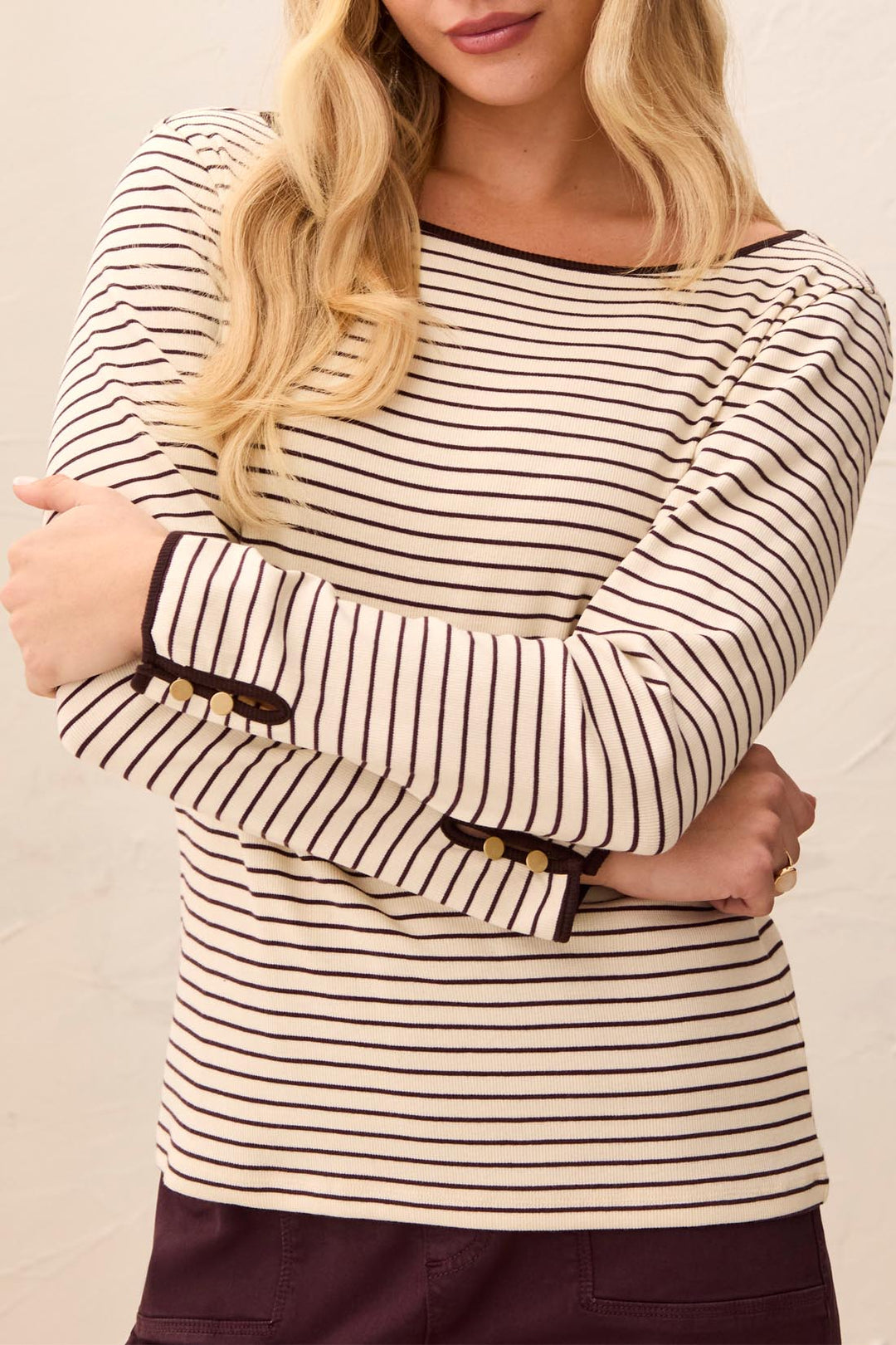Tribal Long Sleeve Boat Neck Striped Top 3206O-8523-0759 Fudge