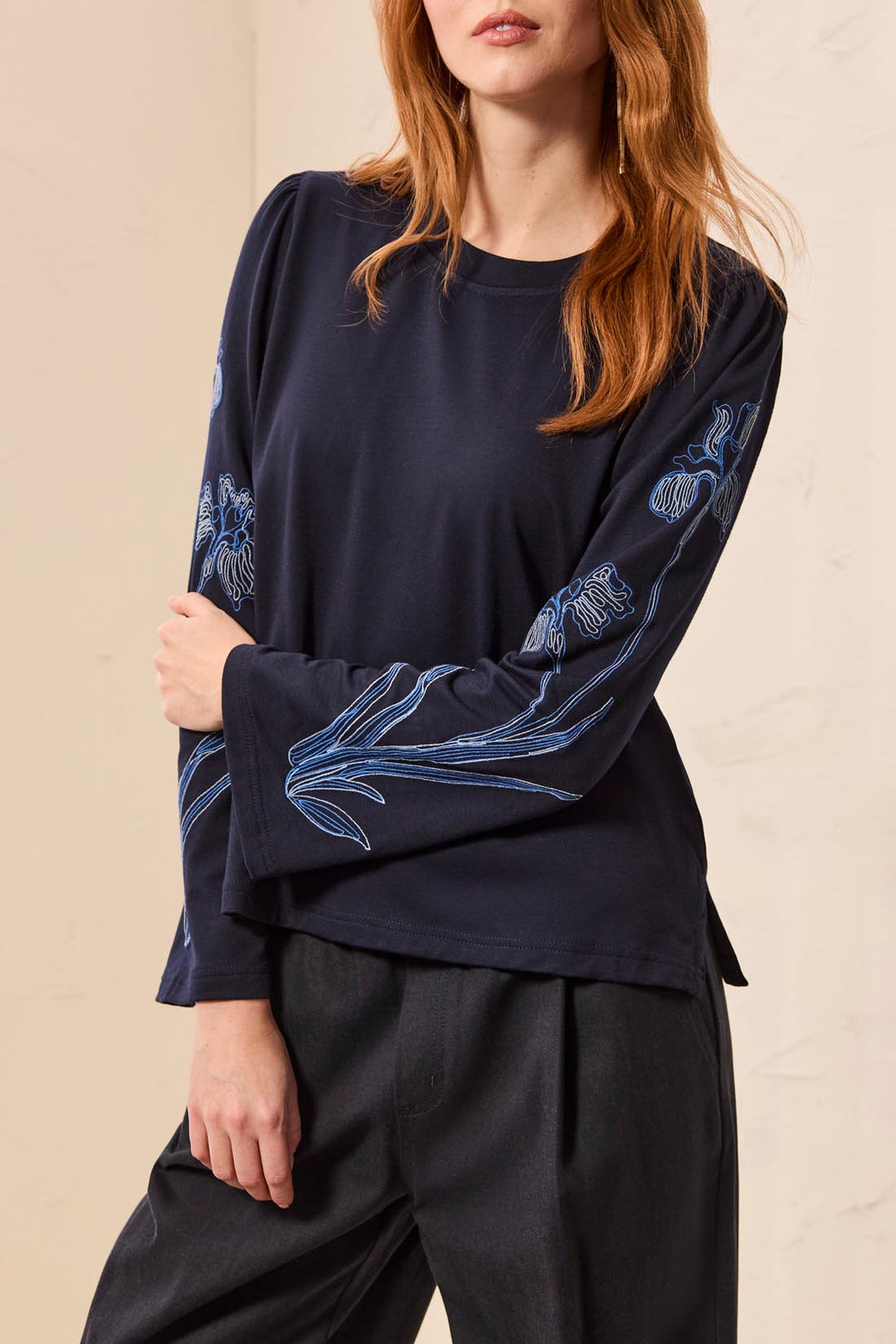 Tribal Long Sleeve Crew Neck Top w/ Sleeve Embroidery 3218O-8453-0805 Sapphire