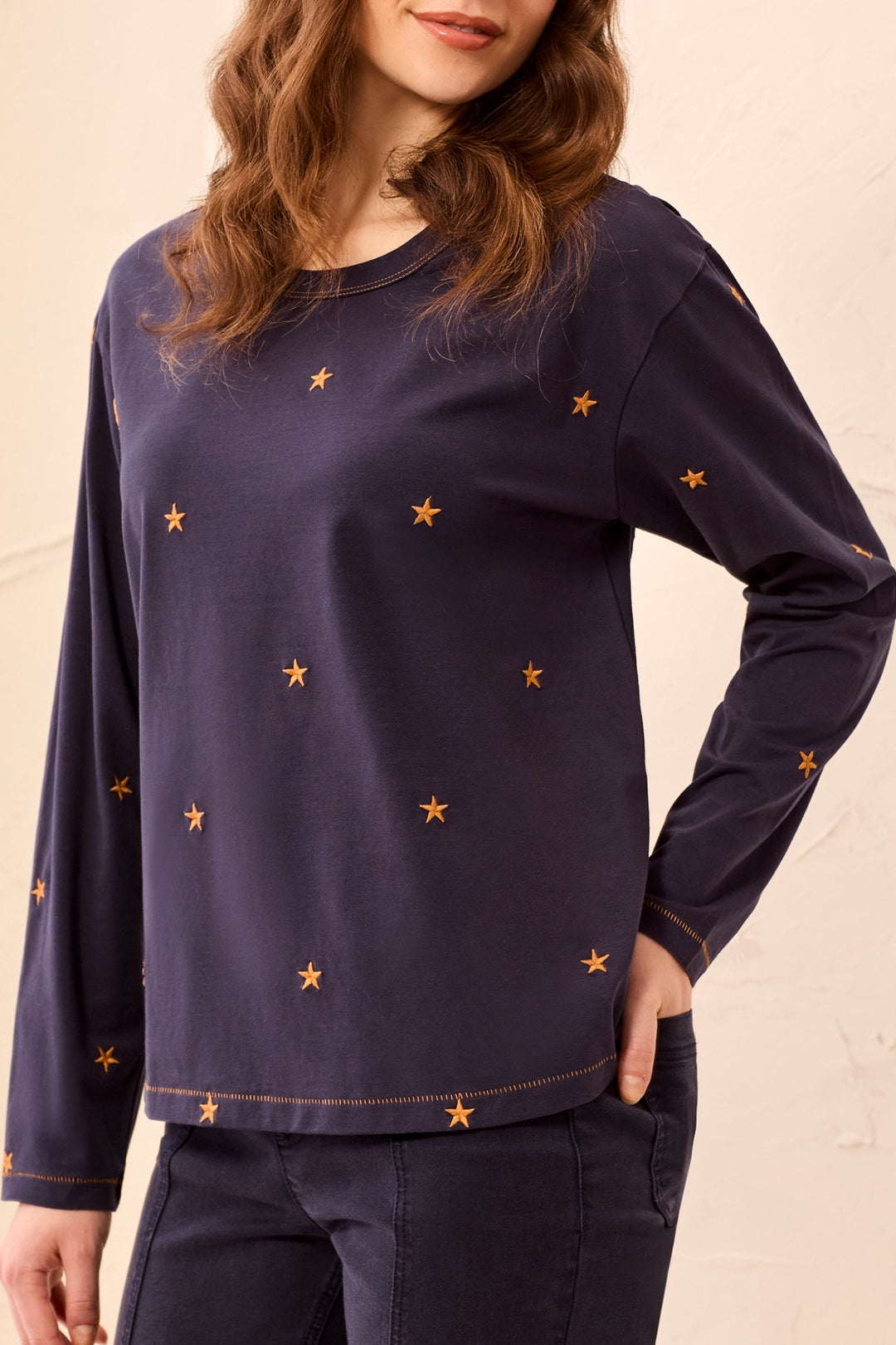 Tribal Crew Neck Top w/ Embroidery 3238O-8451-3068 Jet Blue