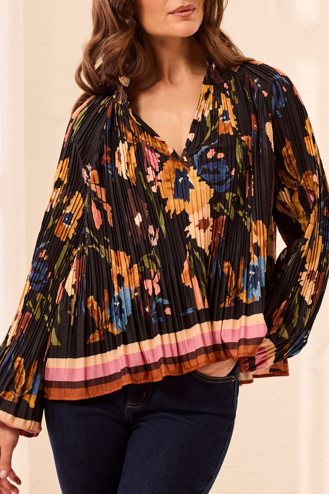 Tribal Long Sleeve Blouse w/ Ruffle Collar 3290O-8532-3388 Hickory