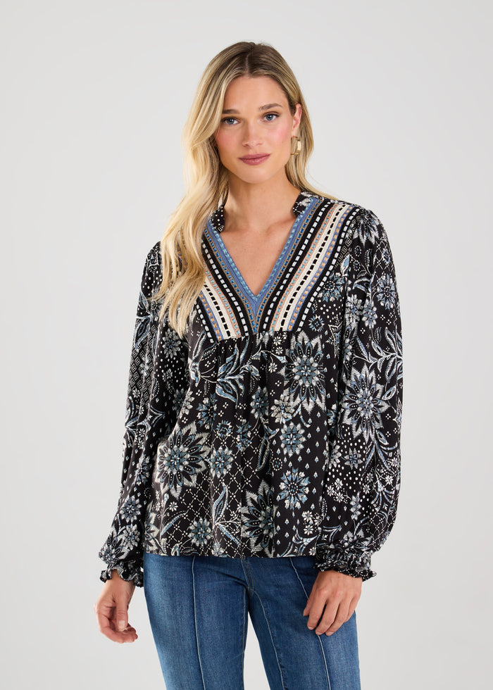 FDJ Long Sleeve V-Neck Mix Media top 3370153-PRT Spiro Print