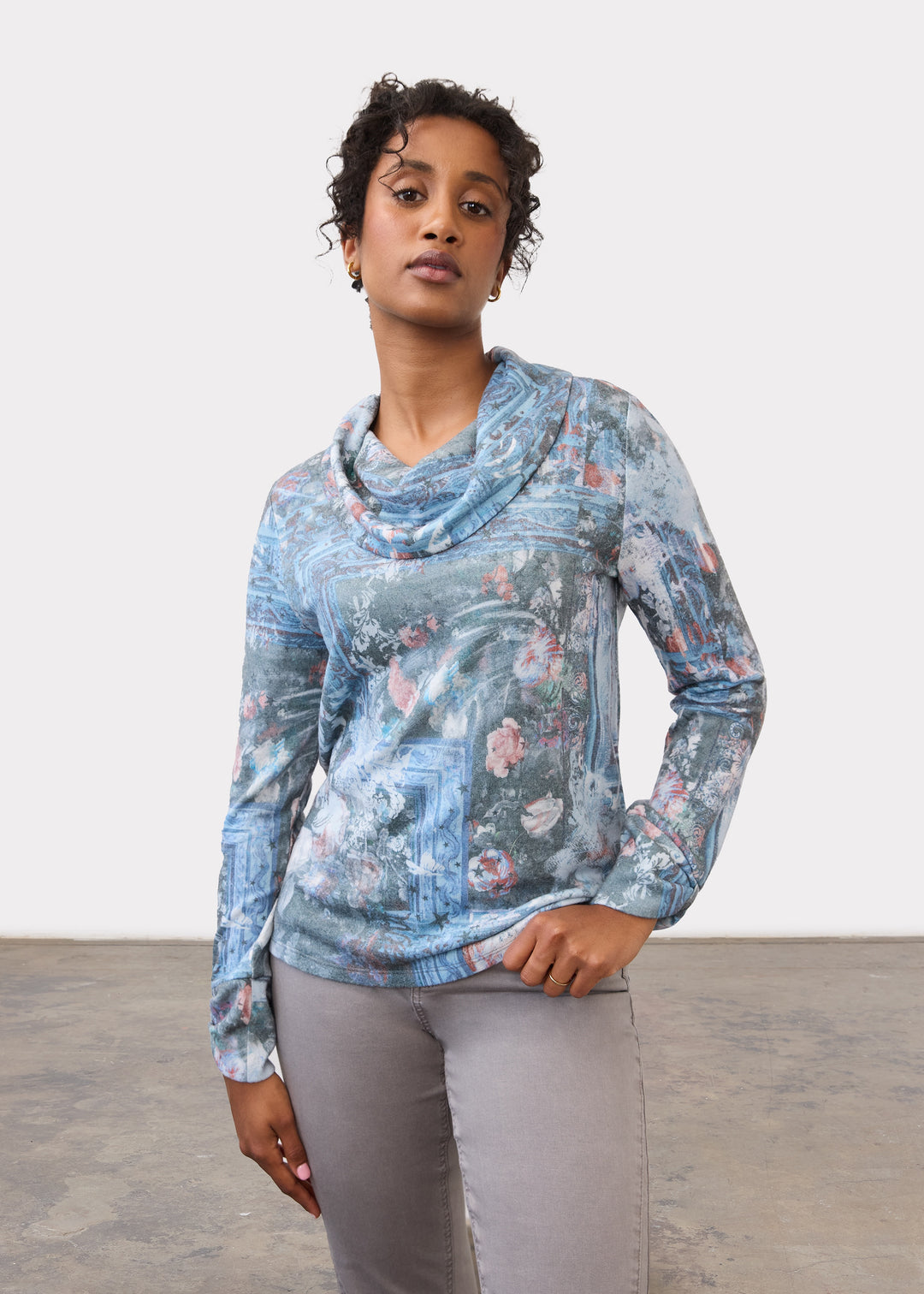 FDJ Cowl Neck Printed Top 3419742-IND Indigo Gallery