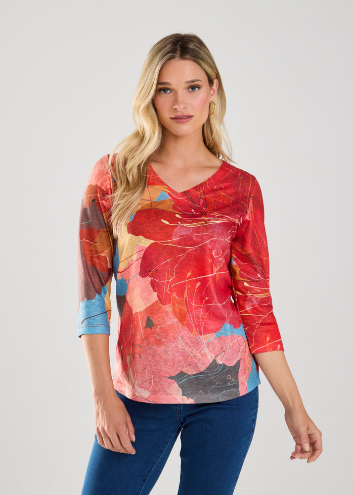 FDJ 3/4 Sleeve Print Burnout Top 3474451-PRT Cherry