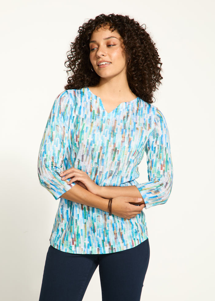 FDJ 3/4 Sleeve Notch Neck Top 3489451-PRT Stained Glass Print