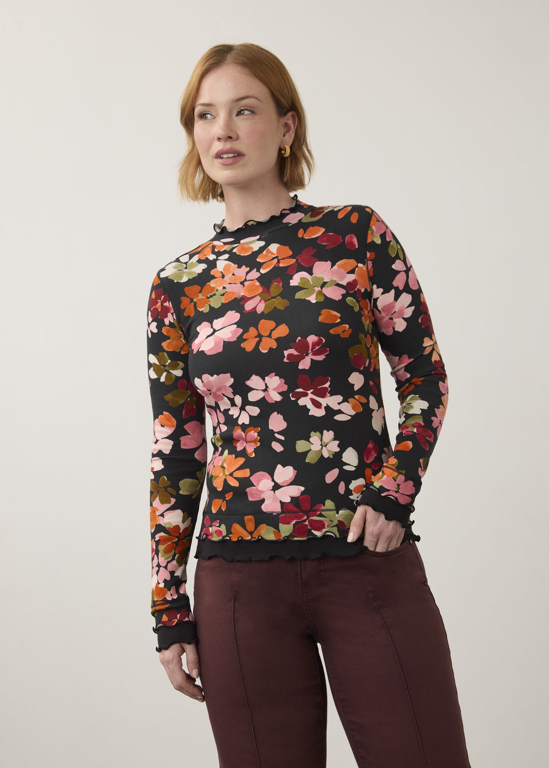 FDJ Mock Neck Top 3547161-PUMKN Pumpkin Floral
