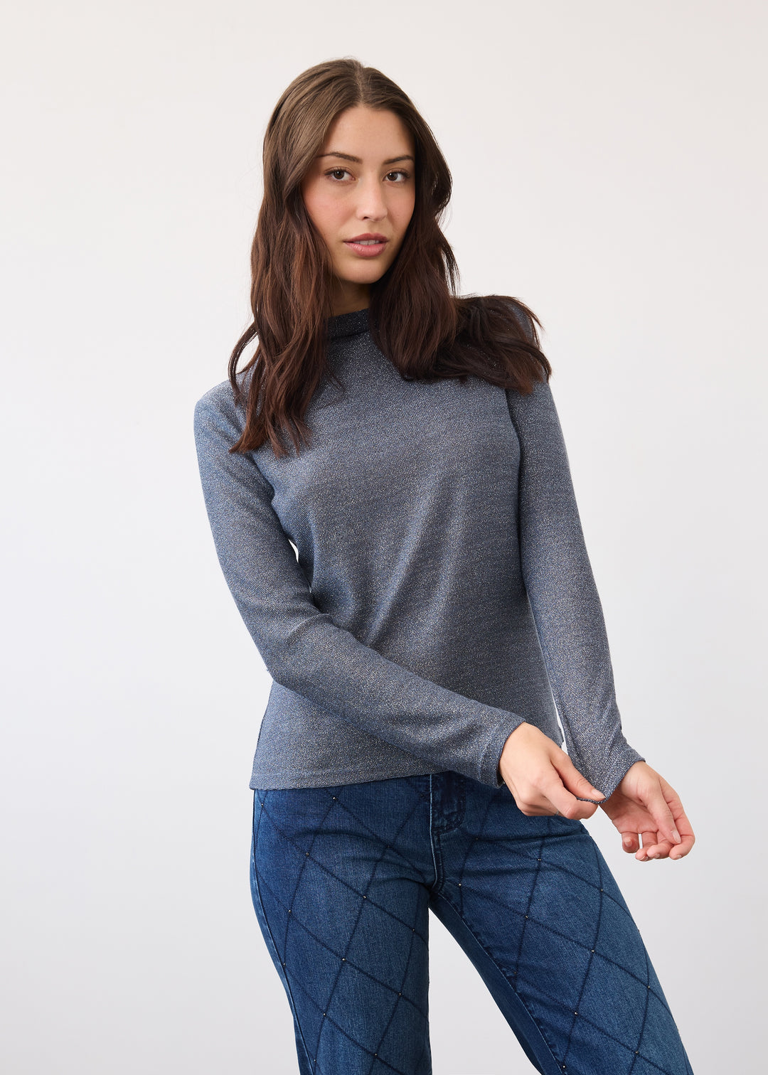 FDJ Long Sleeve Mockneck Top w/ Sparkle 3597870-STRM Storm Blue