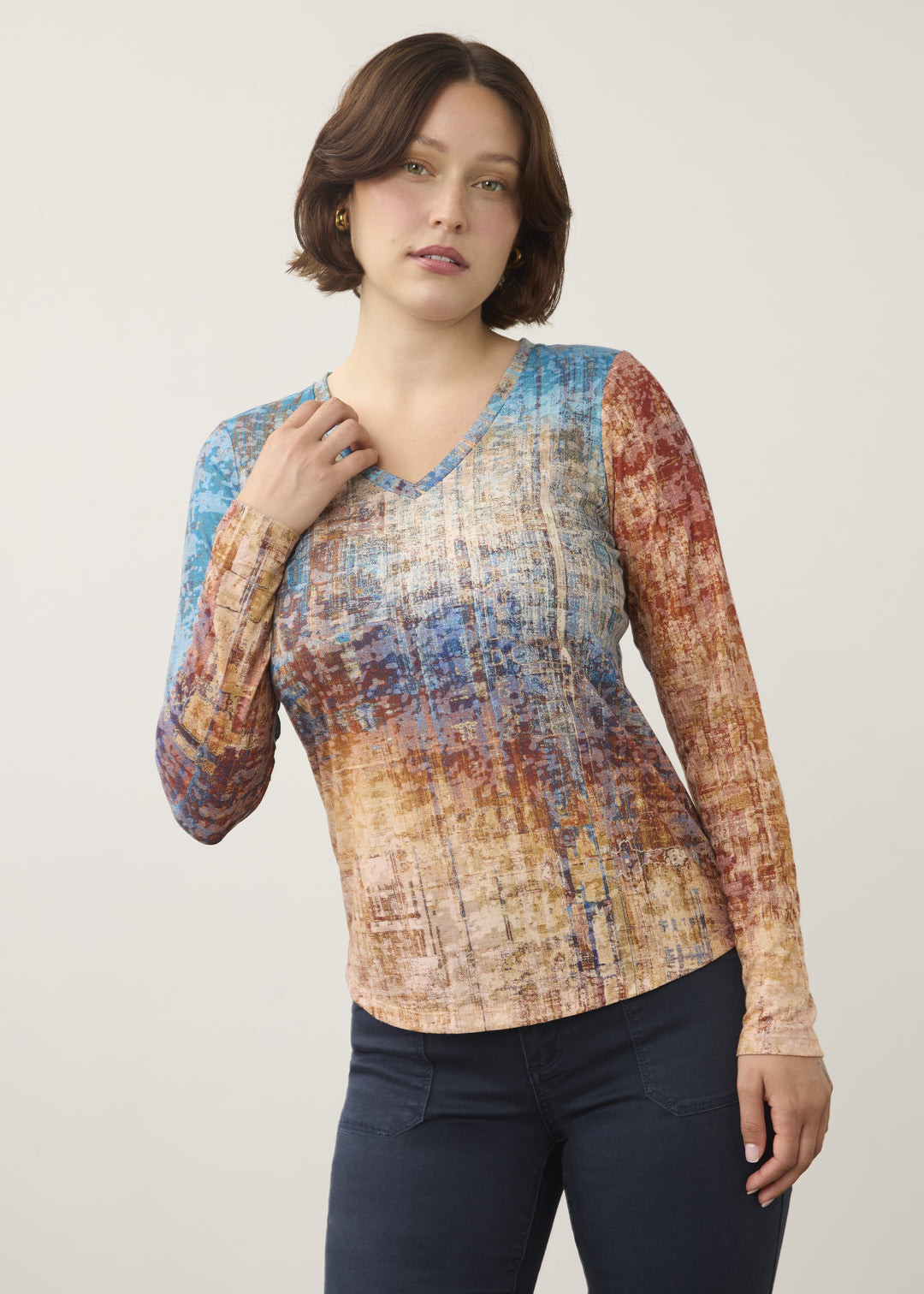 FDJ Long Sleeve V-Neck Top 3599844-SUNSET Sunset Blvd