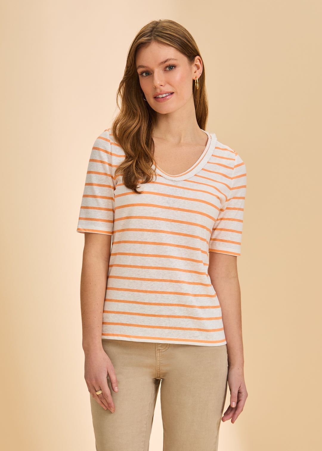 FDJ Elbow Sleeve Fringed Neck Top 3641788-CANTA Cantaloupe