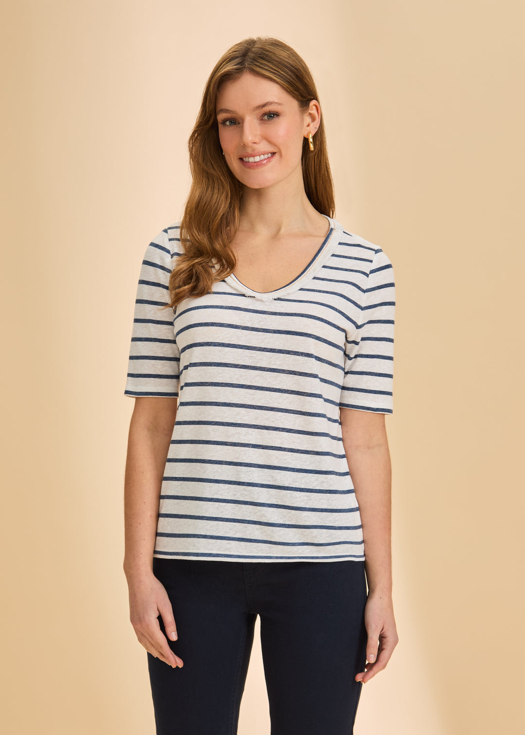 FDJ Elbow Sleeve Fringed Neck Top 3641788-NVY Navy