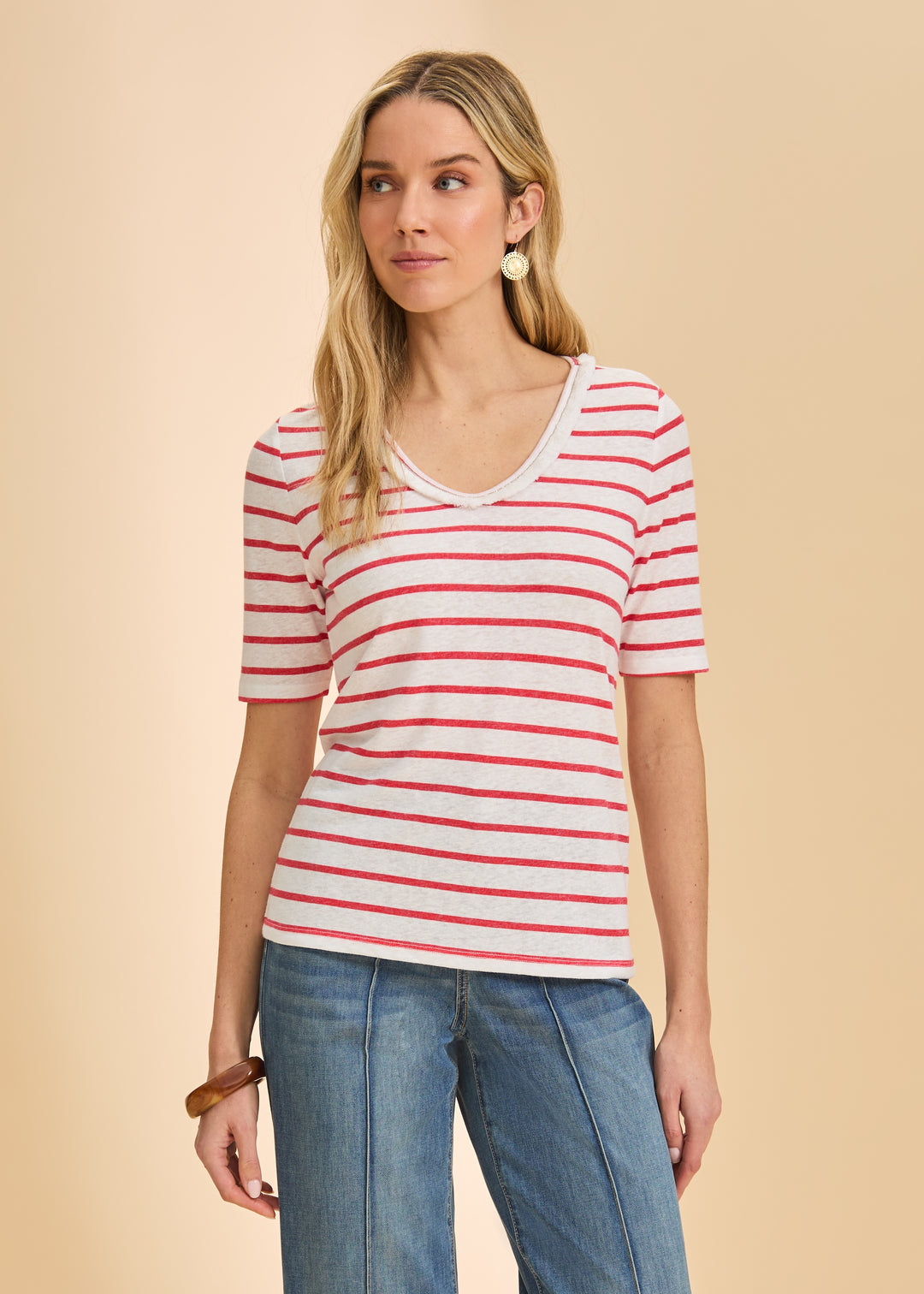 FDJ Elbow Sleeve Fringed Neck Top 3641788-RED