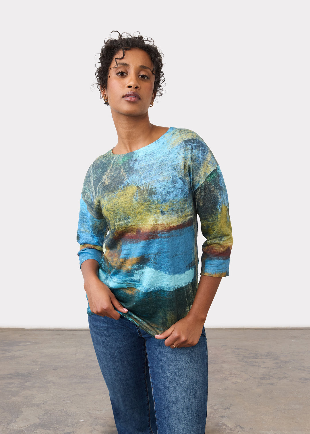 FDJ Drop Shoulder 3/4 Sleeve Boatneck Top 3689452-BIR Birch