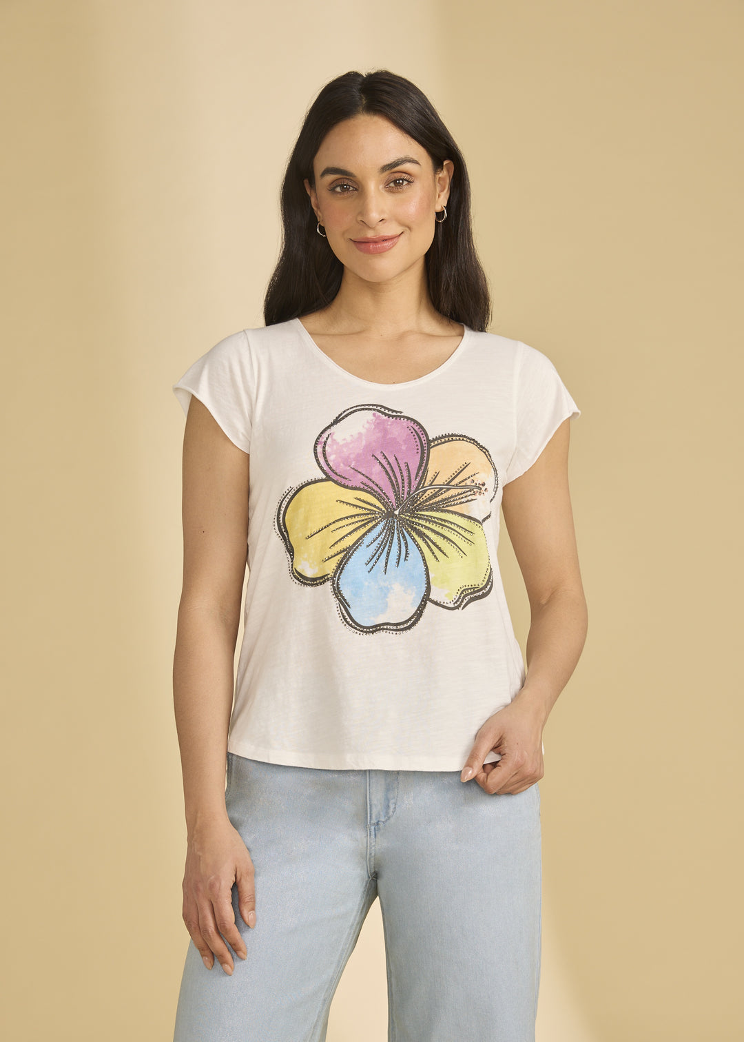 FDJ Short-Sleeve Embellished T-Shirt 3791220-PRT Rainbow Hibiscus