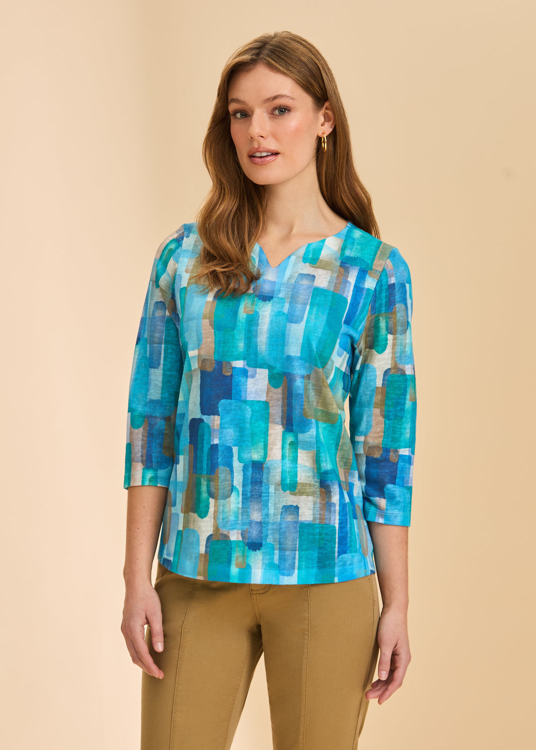 FDJ 3/4 Sleeve Notch Neck Top 3839451-BLU Blue Rockets