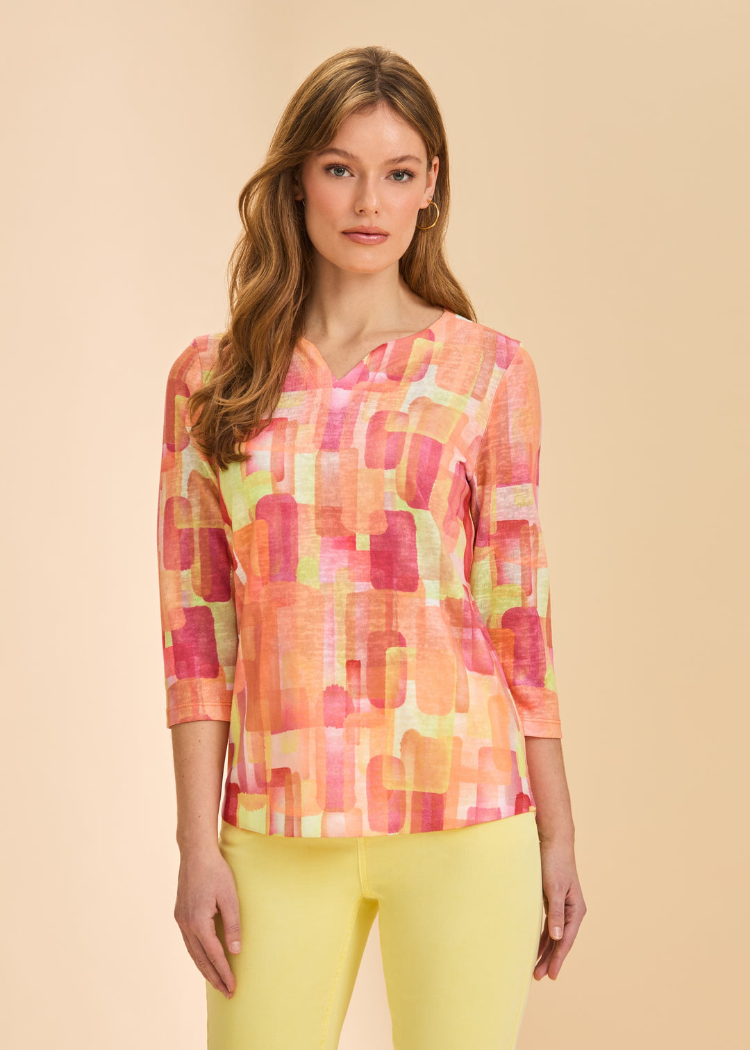 FDJ 3/4 Sleeve Notch Neck Top 3839451-ORG Orange Rock