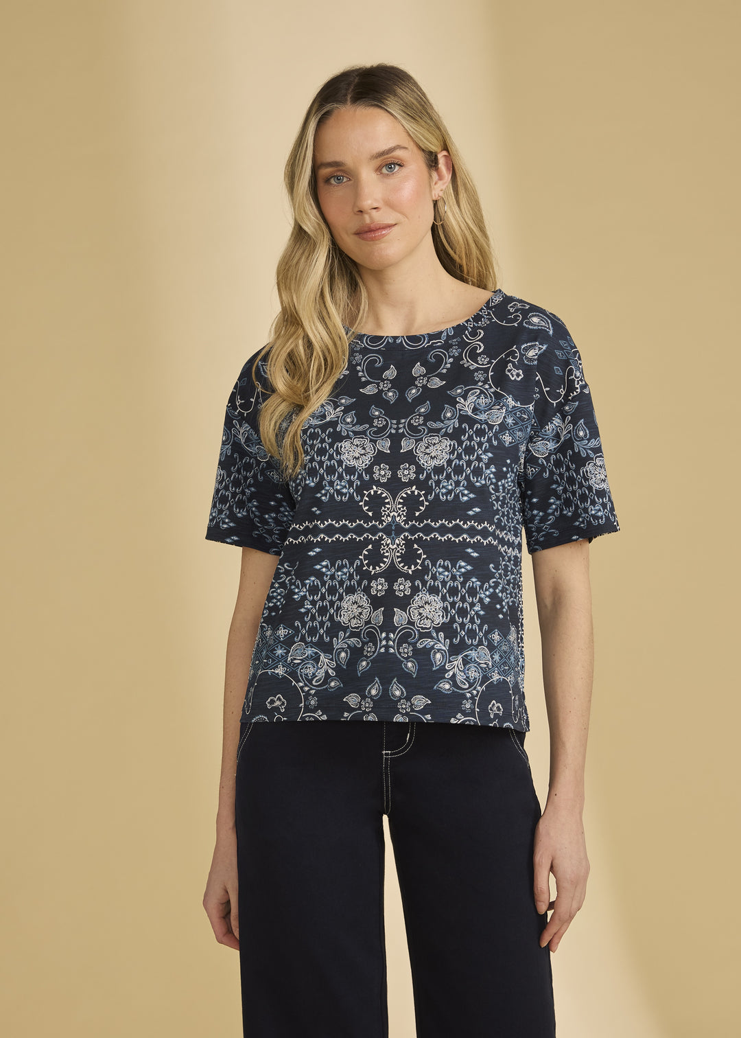 FDJ Short Sleeve Embellished Top 3992476-BLU Blue Polynesian
