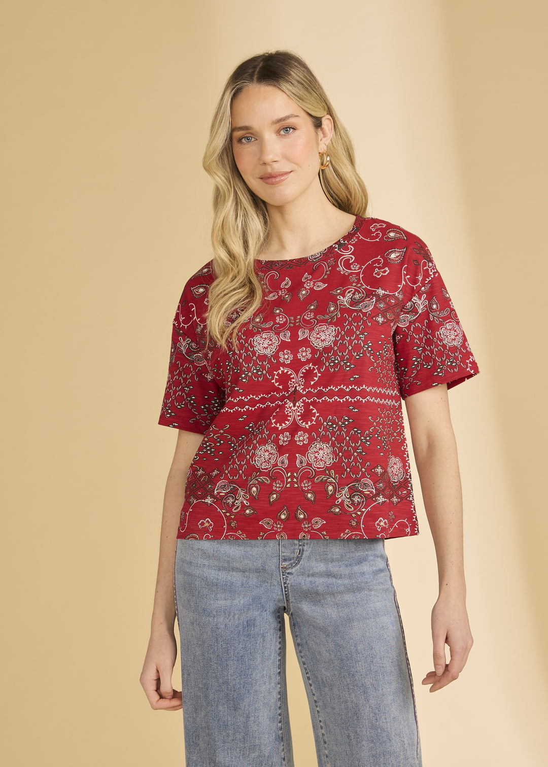 FDJ Short Sleeve Embellished Top 3992476-RED Red Polynesian